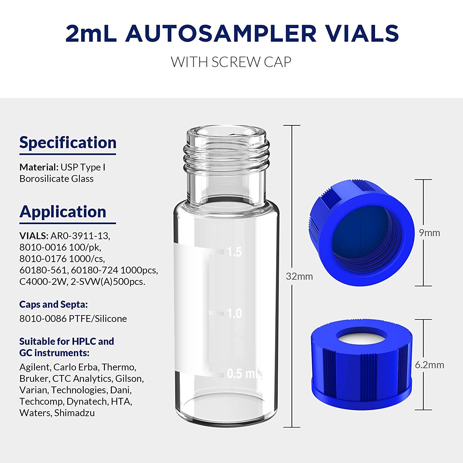 1000PCS 2ml Autosampler Vials+Pre-Slit Caps 9-425 Glass Bottle Screw Top HPLC GC