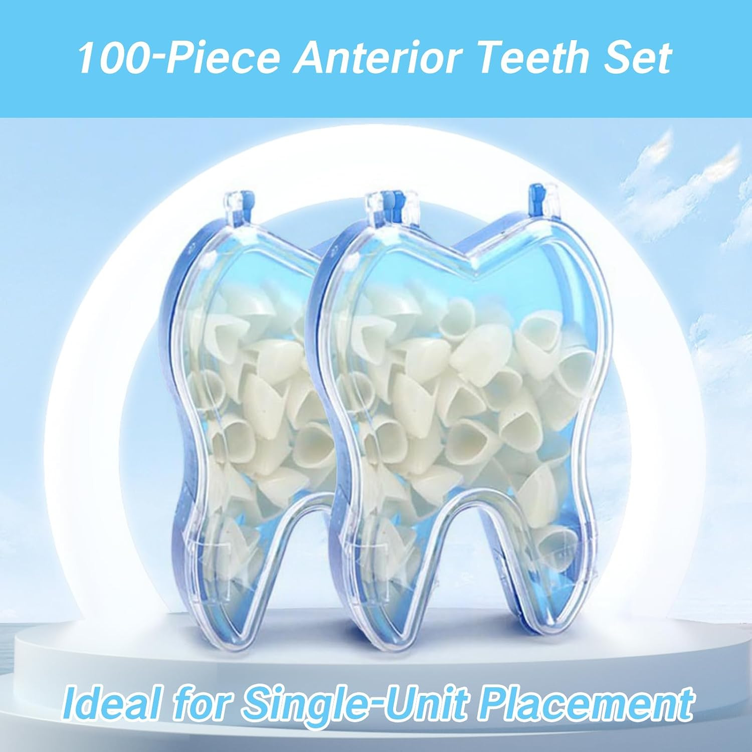 100 Pcs Tooth Caps for Broken Tooth Mixed Sizes Dental Temporary Crown Kit Front