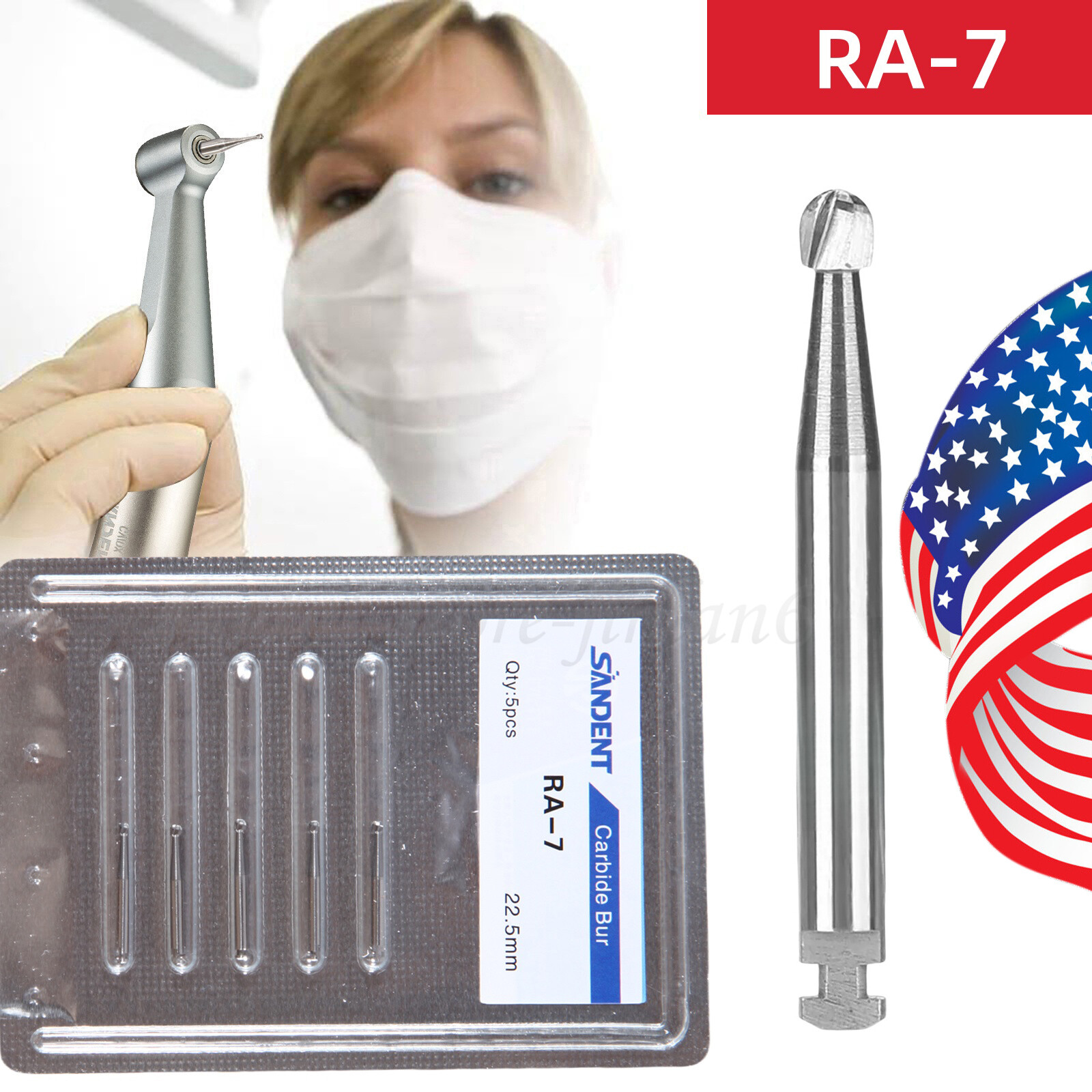 5 pieces Dental 22.5mm Round Carbide Bur Slow Speed Latch Type RA7 Burs USA