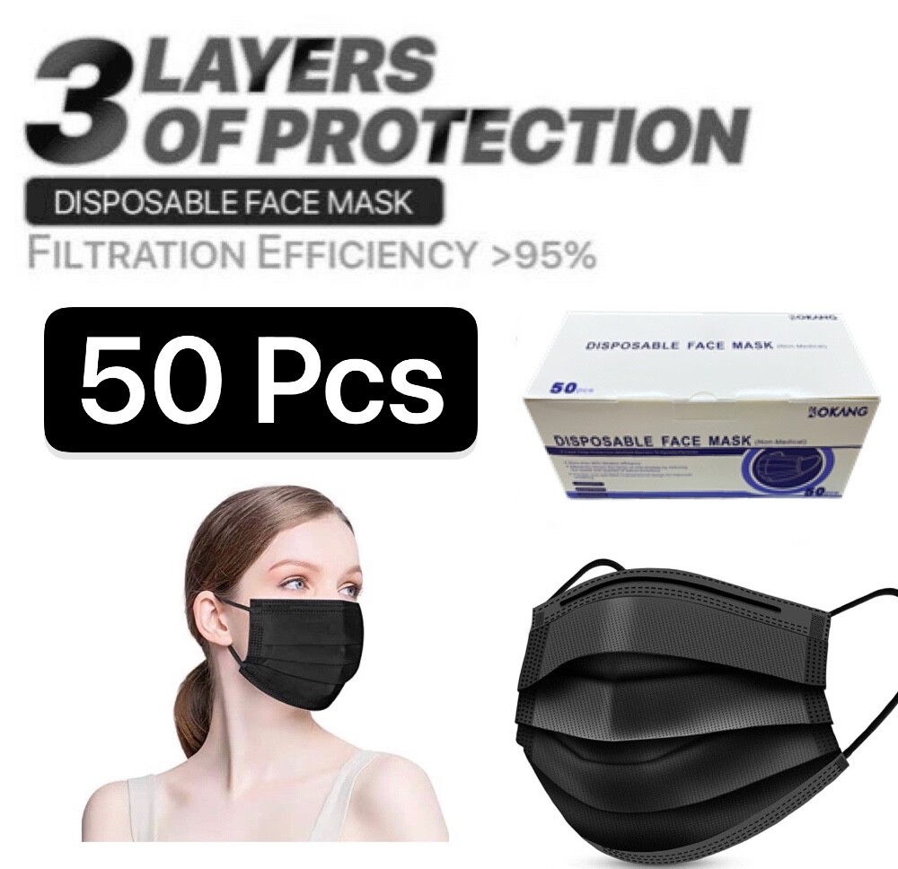 (50 PCS)Black 3-Ply Disposable Protective Face Mask Earloop Mouth Cover
