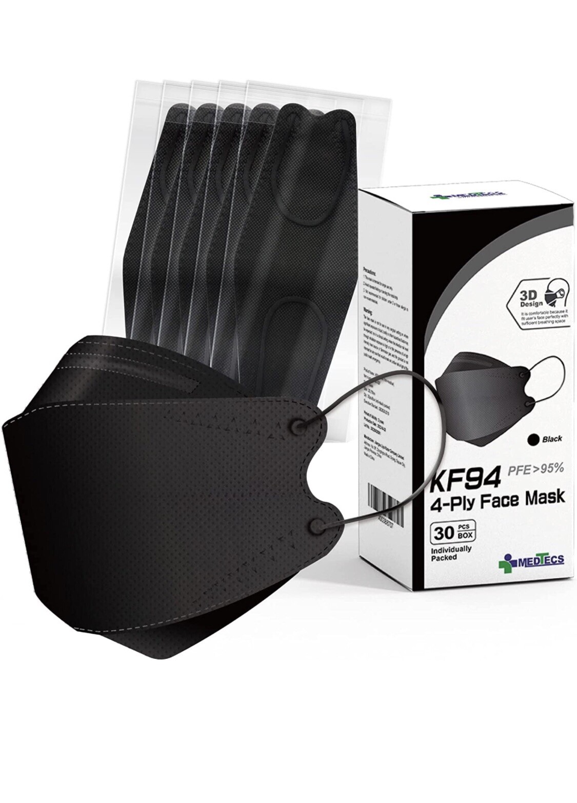 KF94 Masks Individually Wrapped Medtecs – 30 PCS, 4 Ply Black