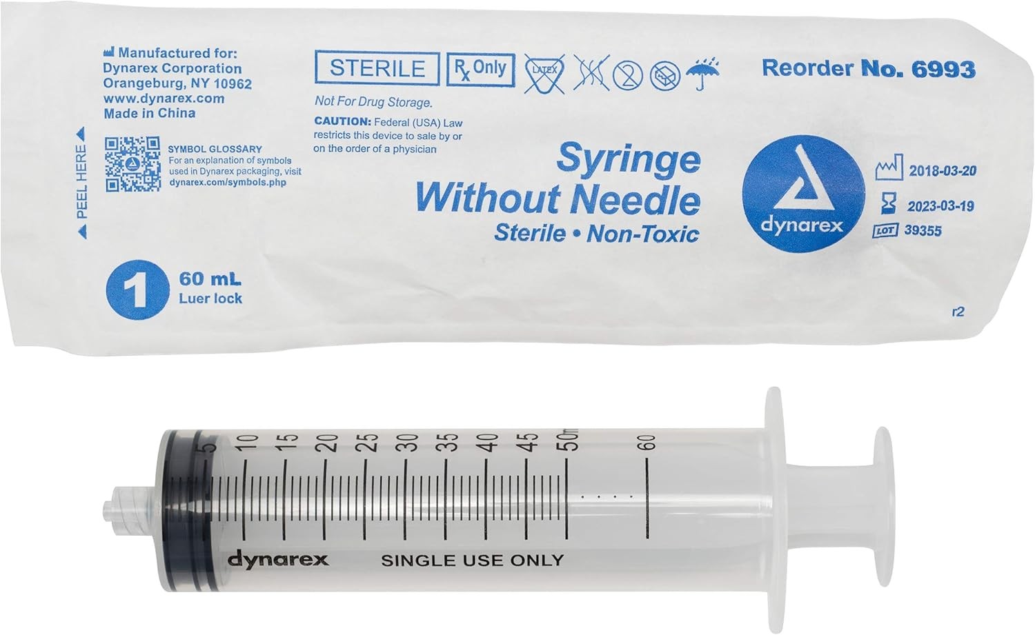 Dynarex 60mL Luer Lock Syringes Without Needle 25/Box