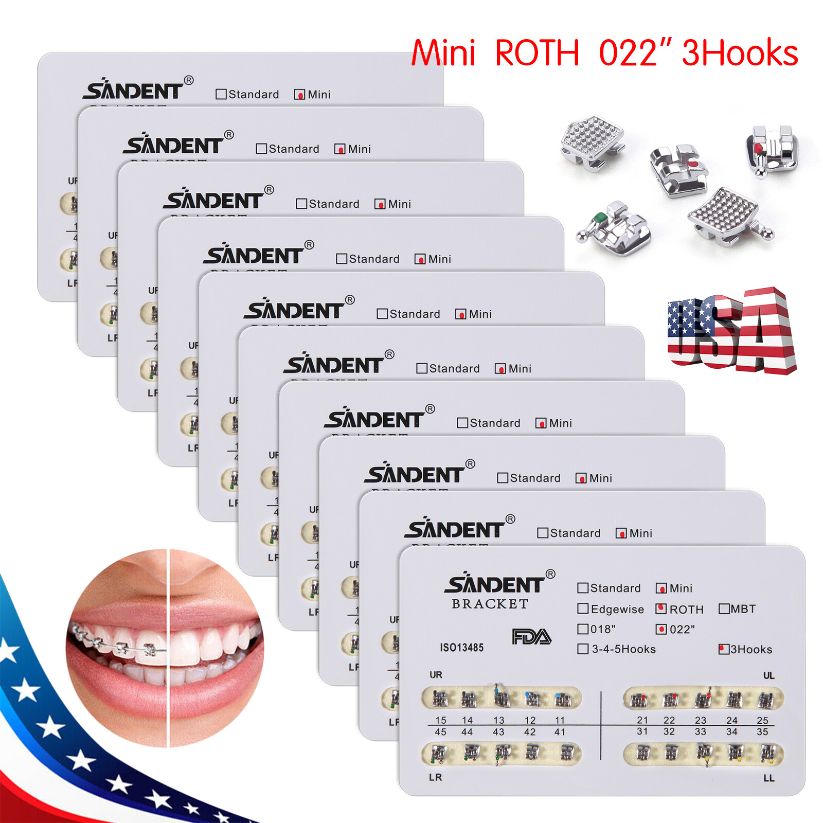 200Pcs Dental Orthodontic Braces Bracket Mini Roth 022″Slot 3 Hooks 10 Packs