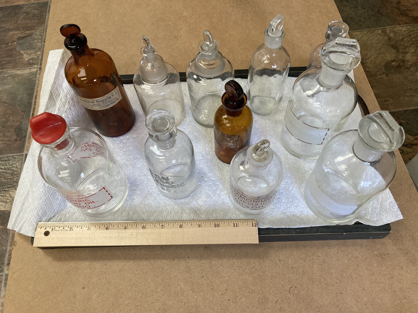 11 vintage laboratory glassware chemical bottles with stoppers