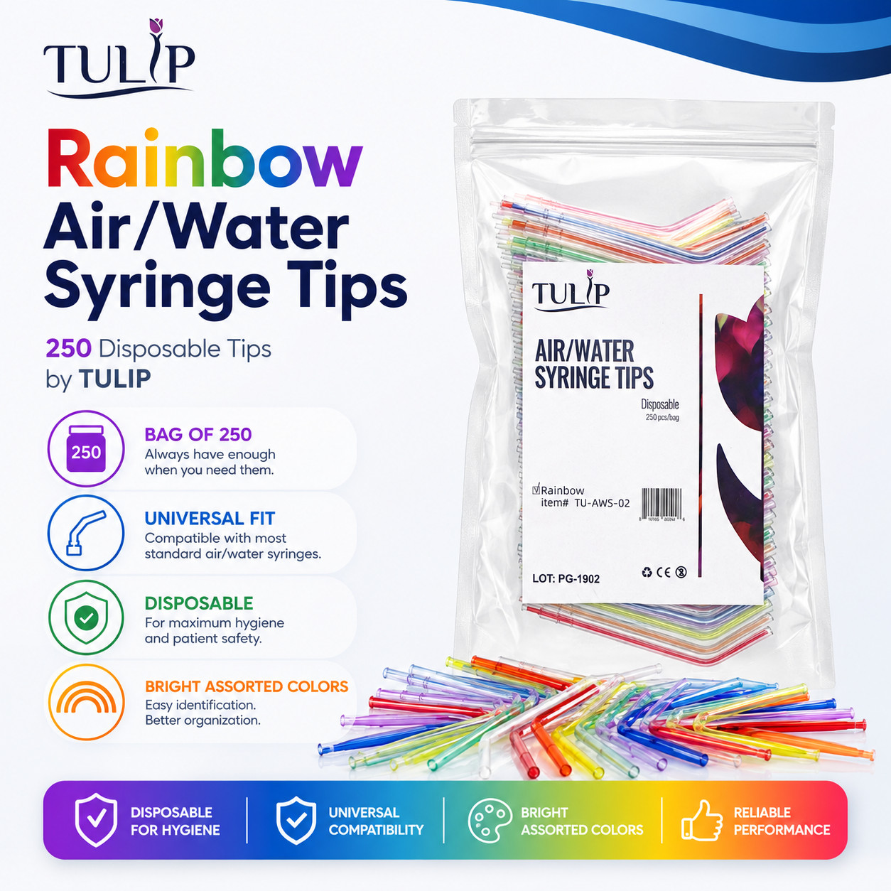 250 Disposable Dental Air Water Syringe Tips Rainbow Color Coded by Tulip