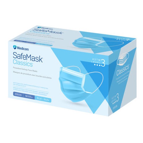 Medicom SafeMask Classics Level 3 Earloop Face Mask, BFE/PFE ? 98%, Blue, 50/Bx
