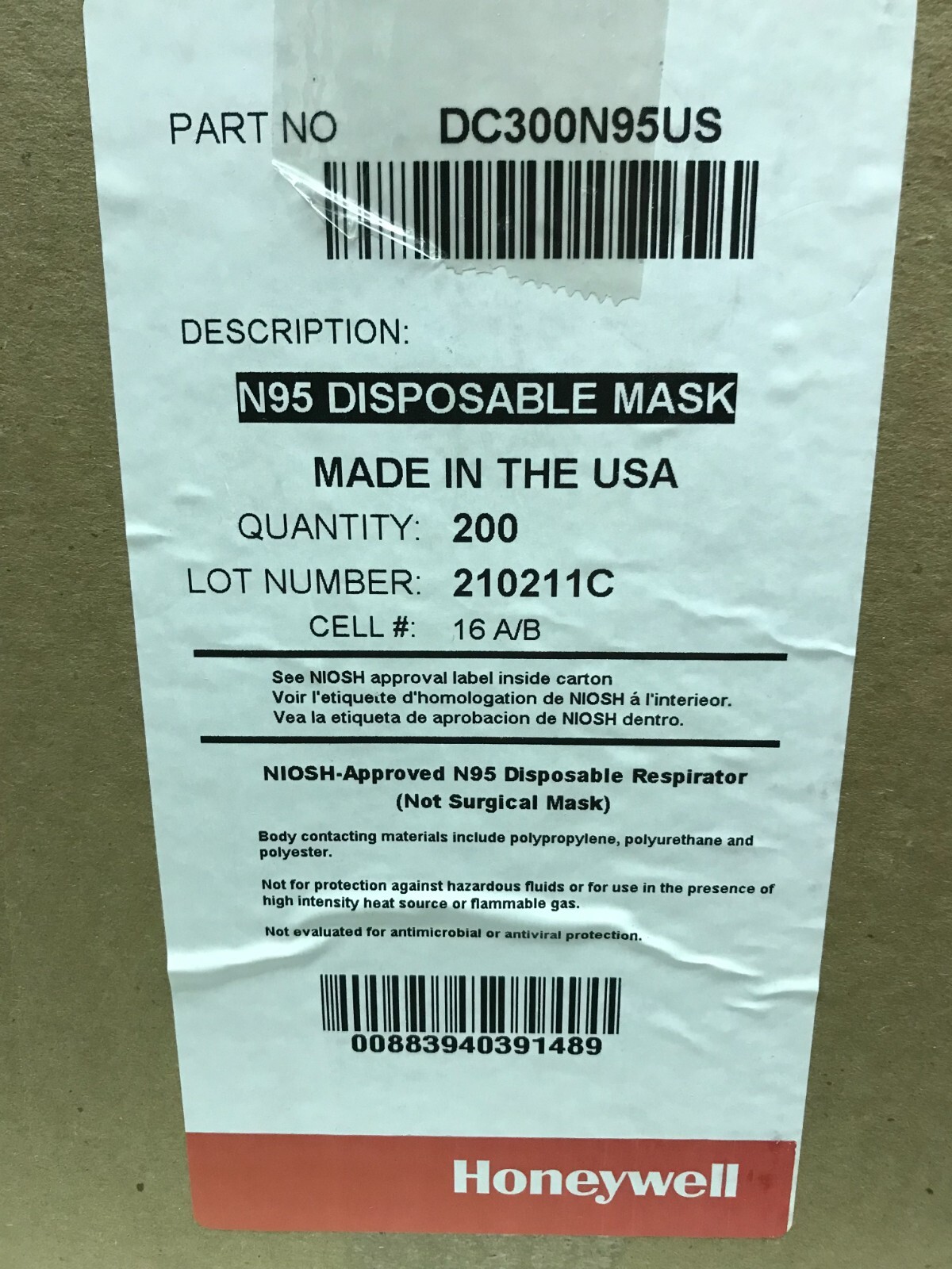 CASE of 200 Honeywell N95 Disposable Mask DC300N95
