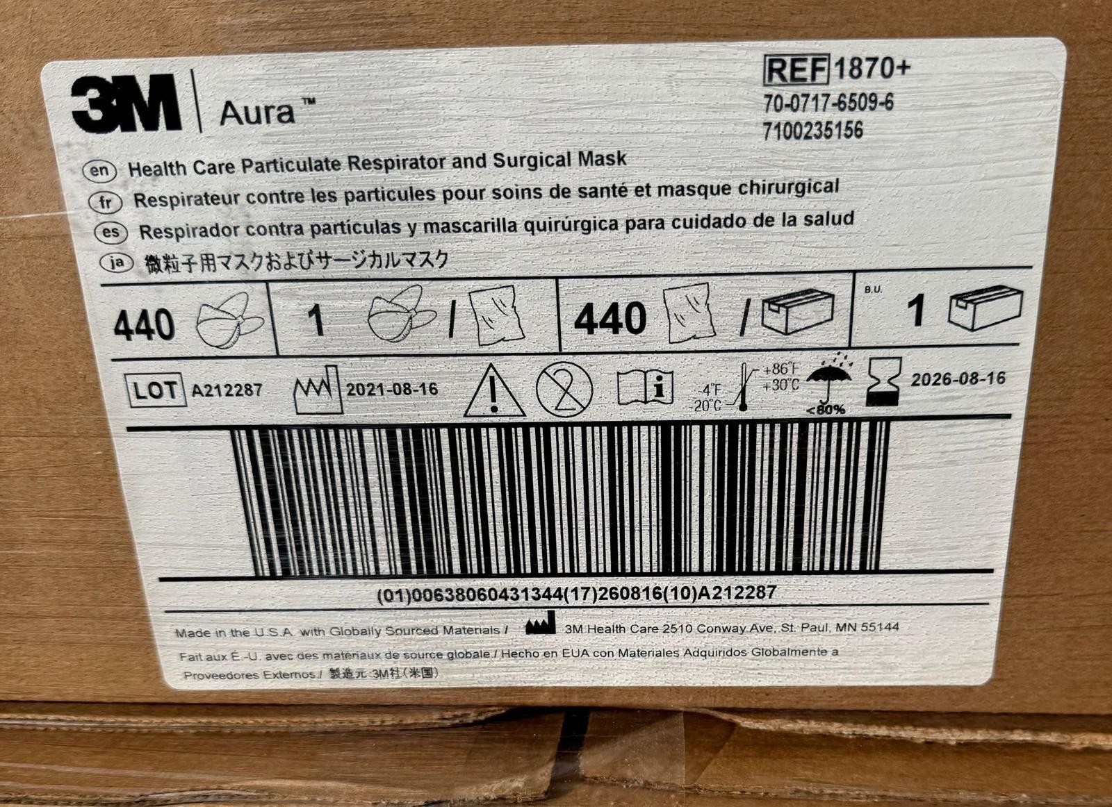 50 CASES of 440 3M Aura N95 1870+ Face Masks, Exp. 8/2026 (BULK SALE )