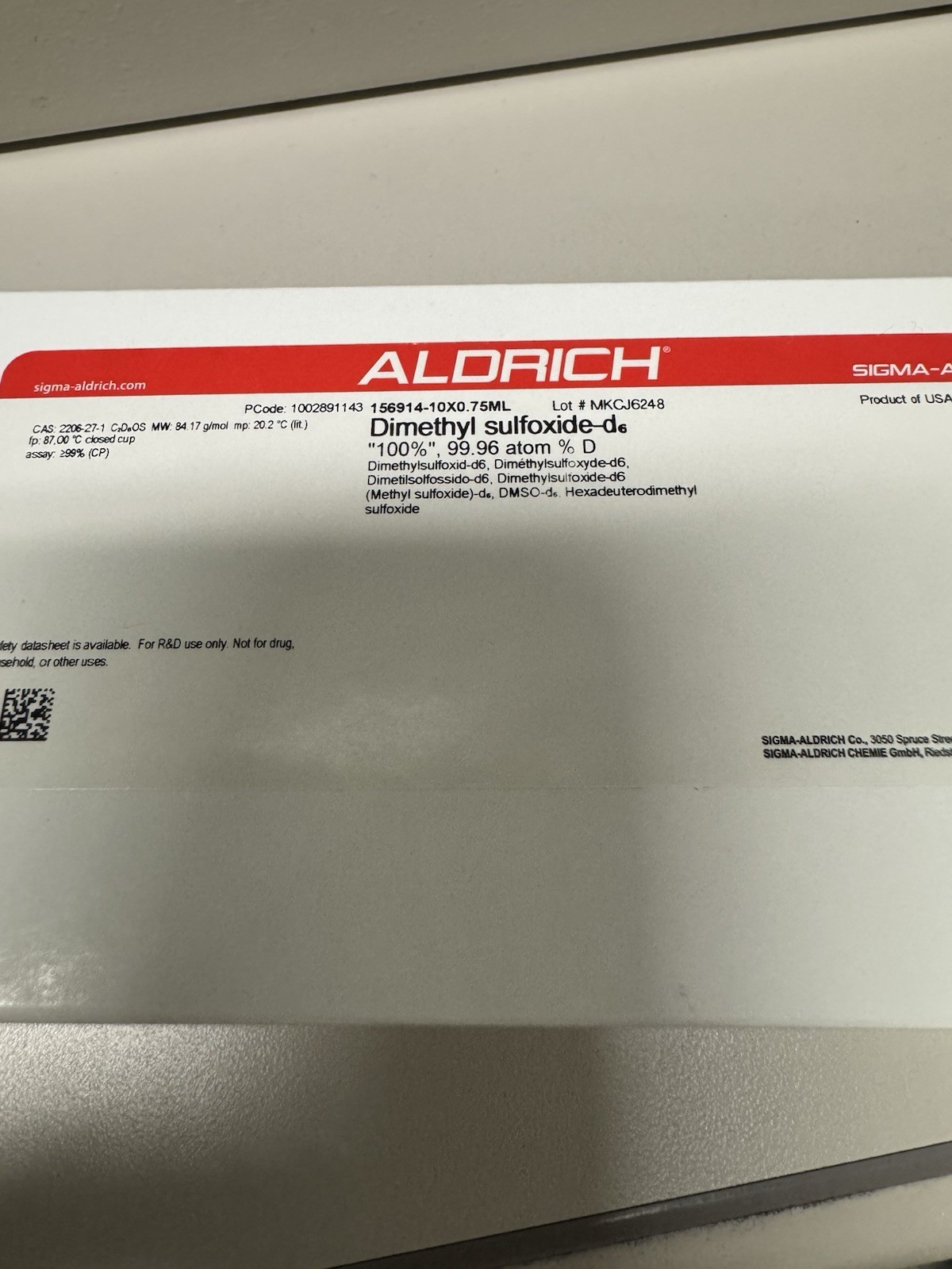 SIGMA ALDRICH DMSO Dimethyl sulfoxide-d6 10X0.75ML BRAND NEW