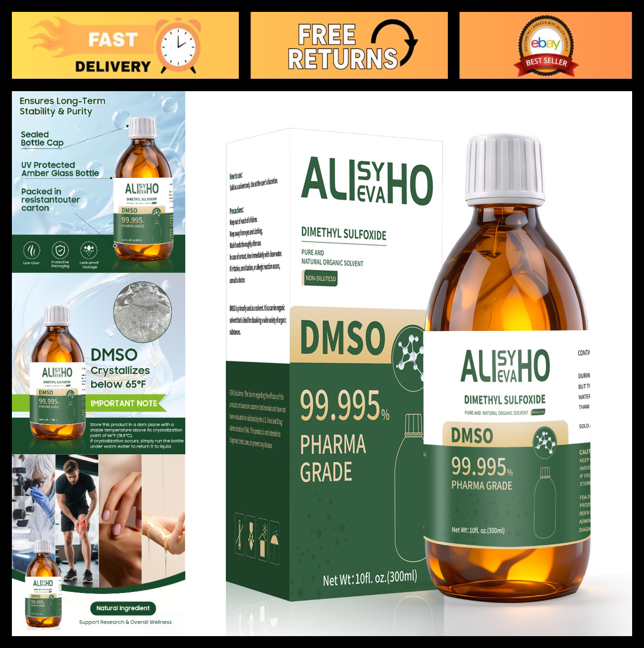 99.995% Pure DMSO – Pharmaceutical Grade Dimethyl Sulfoxide, 10 oz Glass Bottle