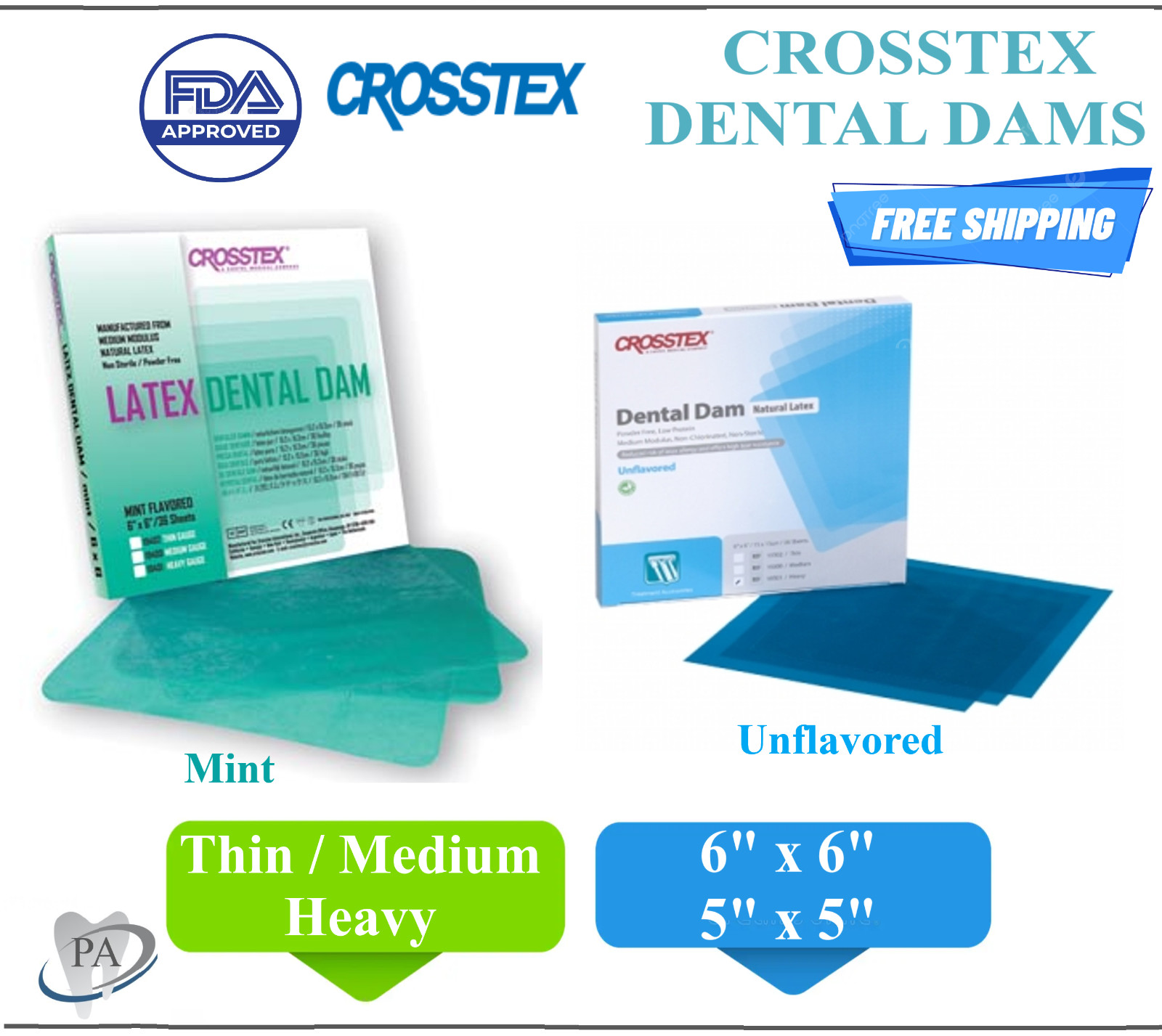 Dental Dam Rubber Dam 6″x6″, 5″ x 5″, All Sizes, Mint, Powder free, Crosstex USA