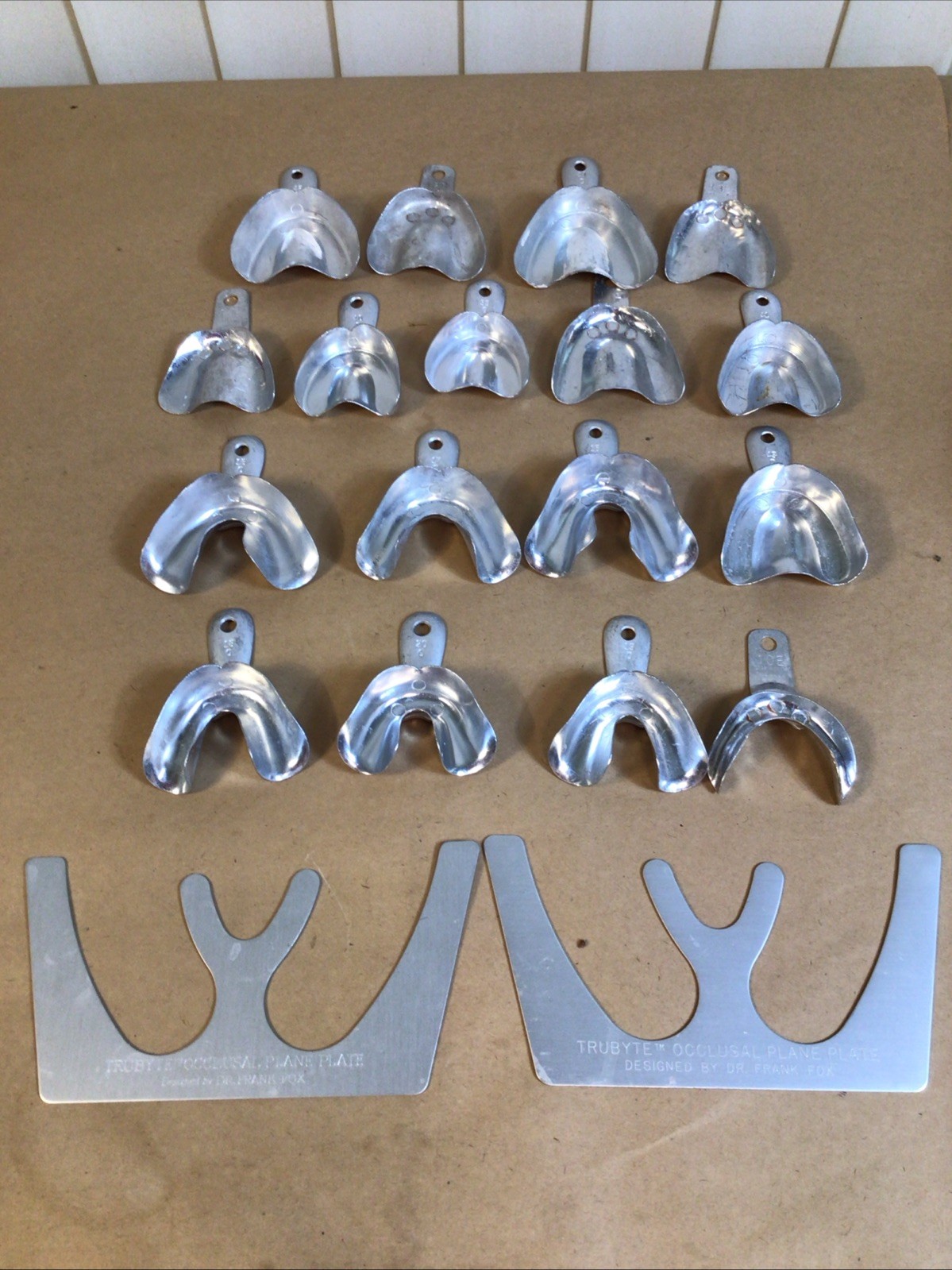Vintage Metal Dental Impression Trays Molds Lot of 17 W/ TRUBYTE Occlusal Plate