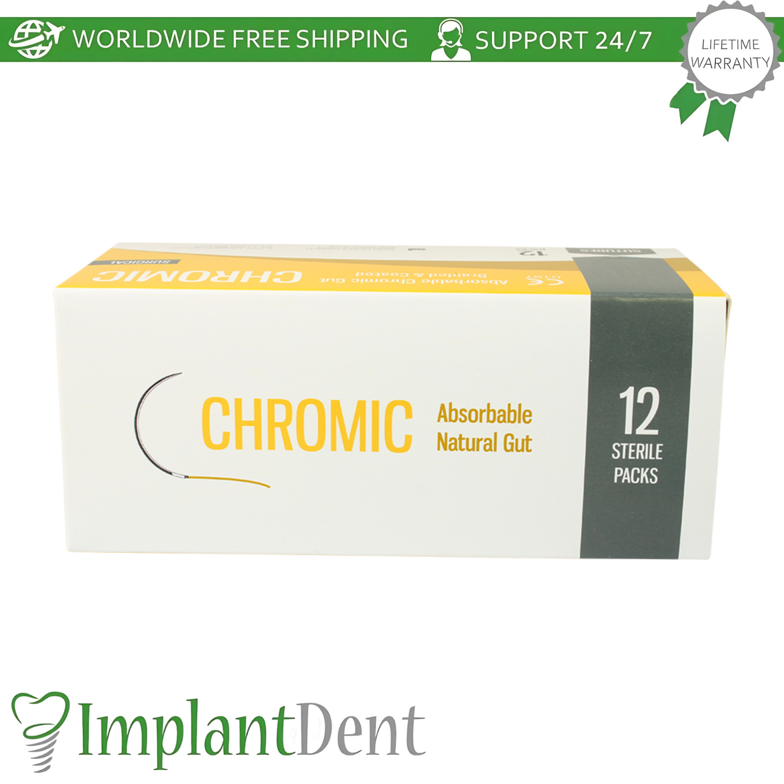 Mon0fiIament Dental CHR0MlC Thread Collagen 12pcs 3/8 Circle 20.0mm Reverse