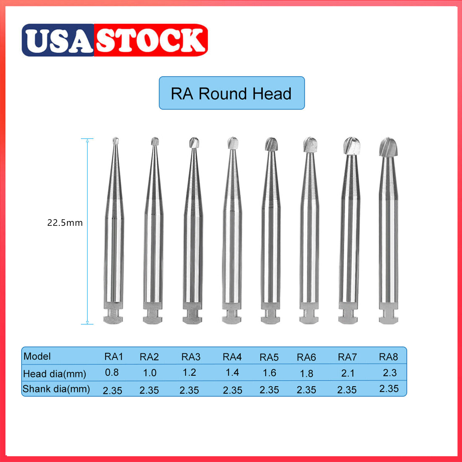 Round Carbide Burs for Slow Speed Latch RA (Choose Your Size & Qty) 22.5mm