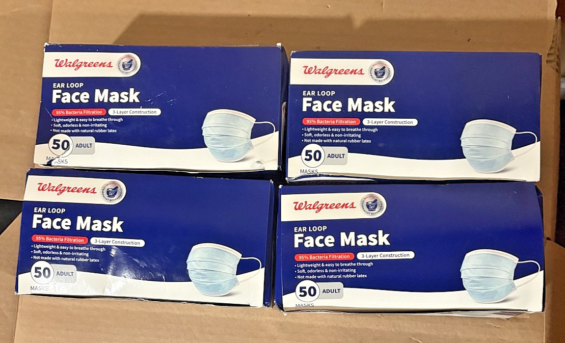 4 Pack Walgreens Ear Loop Face Mask Box 50 Count (200 Total) 3 Layer Adult Sz/