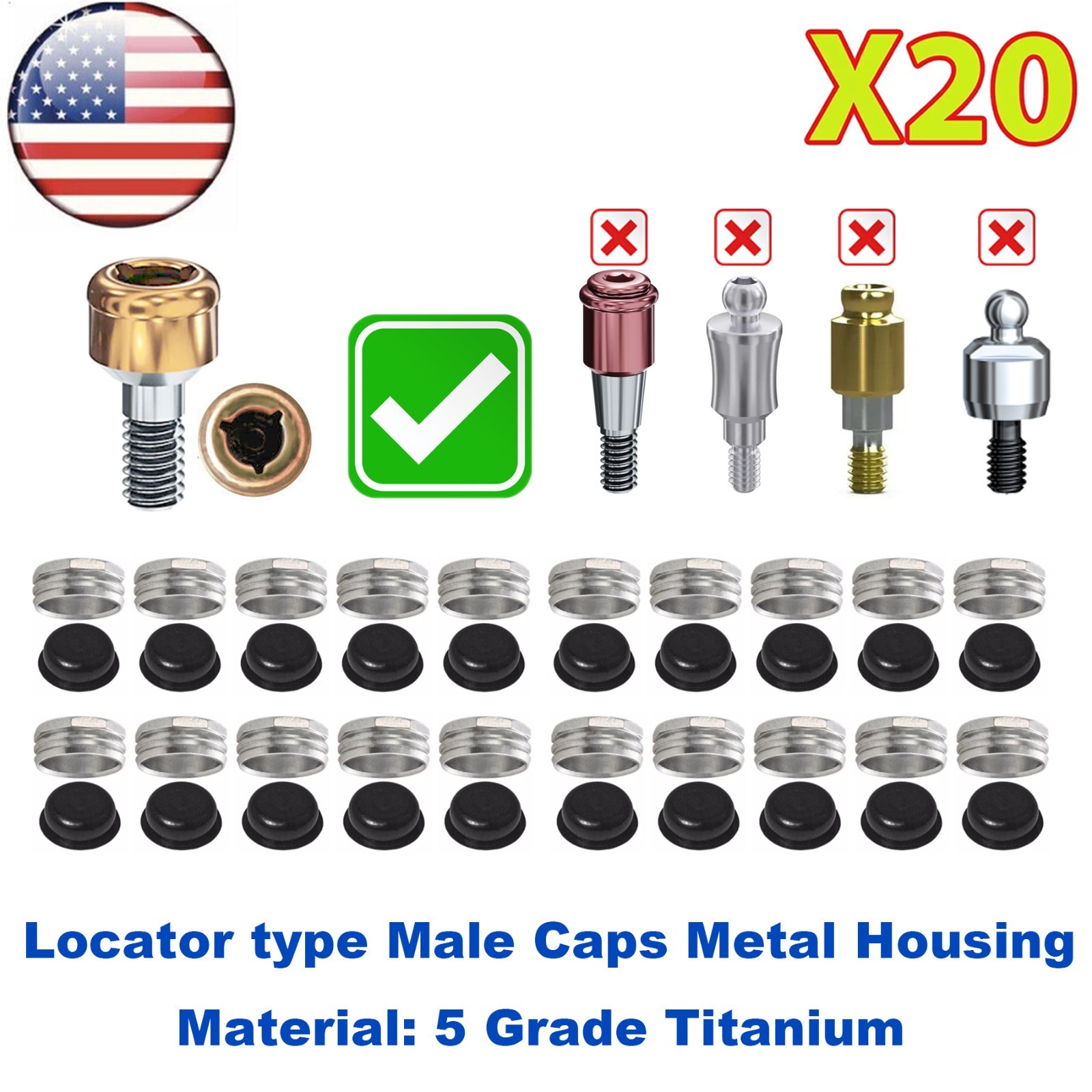 US 20Pcs Dental Overdenture Locator Retention Cap Inserts For Implant Abutment