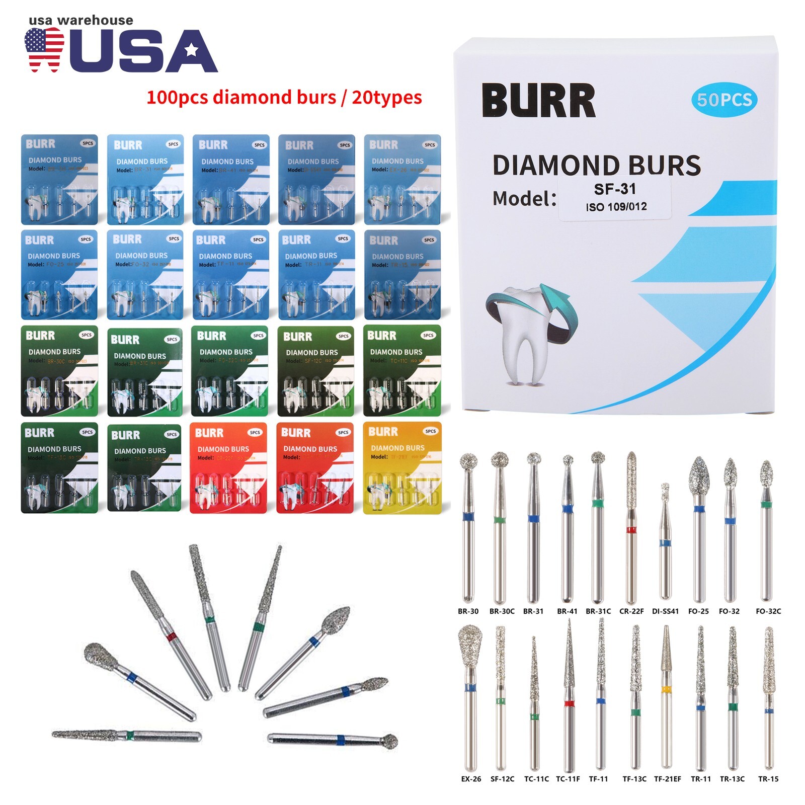 100Pcs Dental Diamond Burs High Speed Handpiece Friction Grip 20 Types