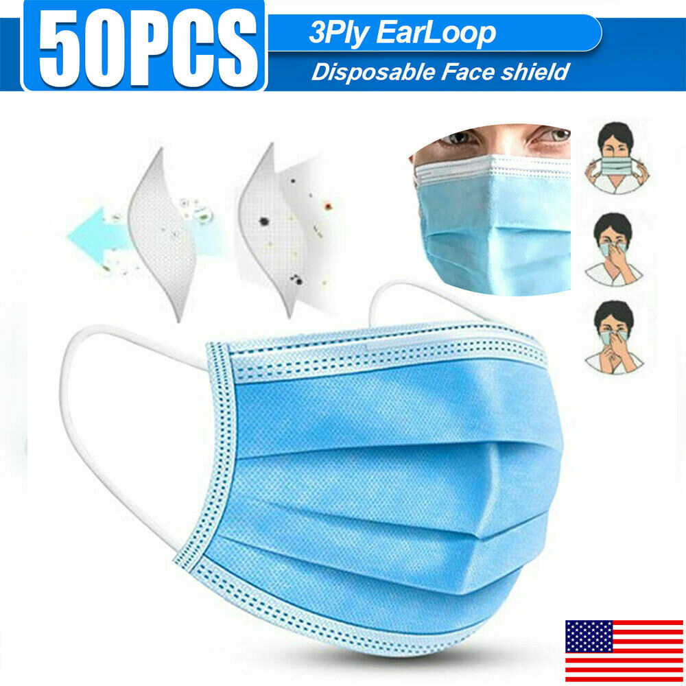 50pcs 3-Ply Layers Disposable Face Medical Surgical Mask Mouth Cover Shield PPE
