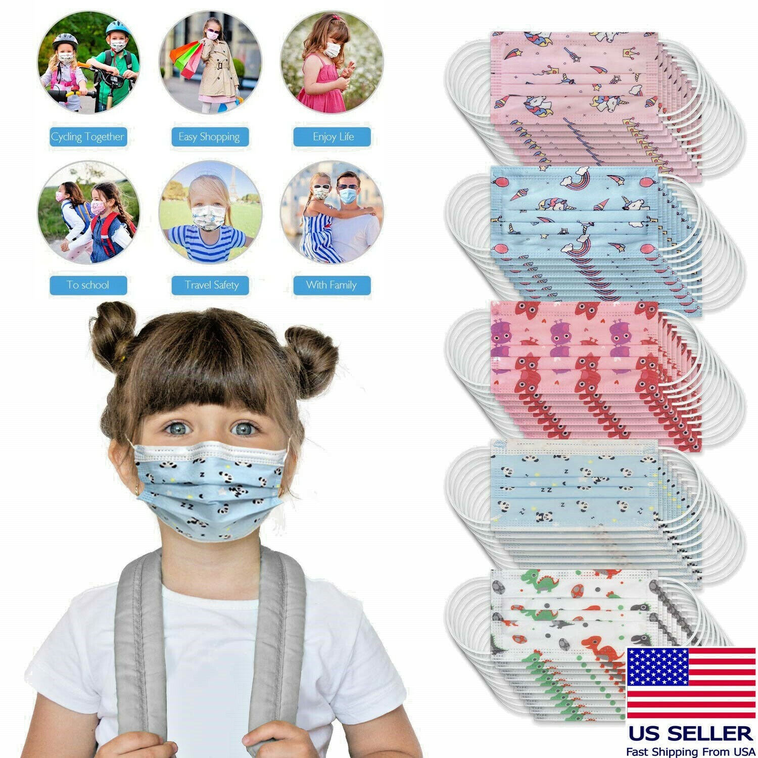 50 Pack Kids Face Mask Disposable Girls boys unisex face Cover 3 Layer Masks