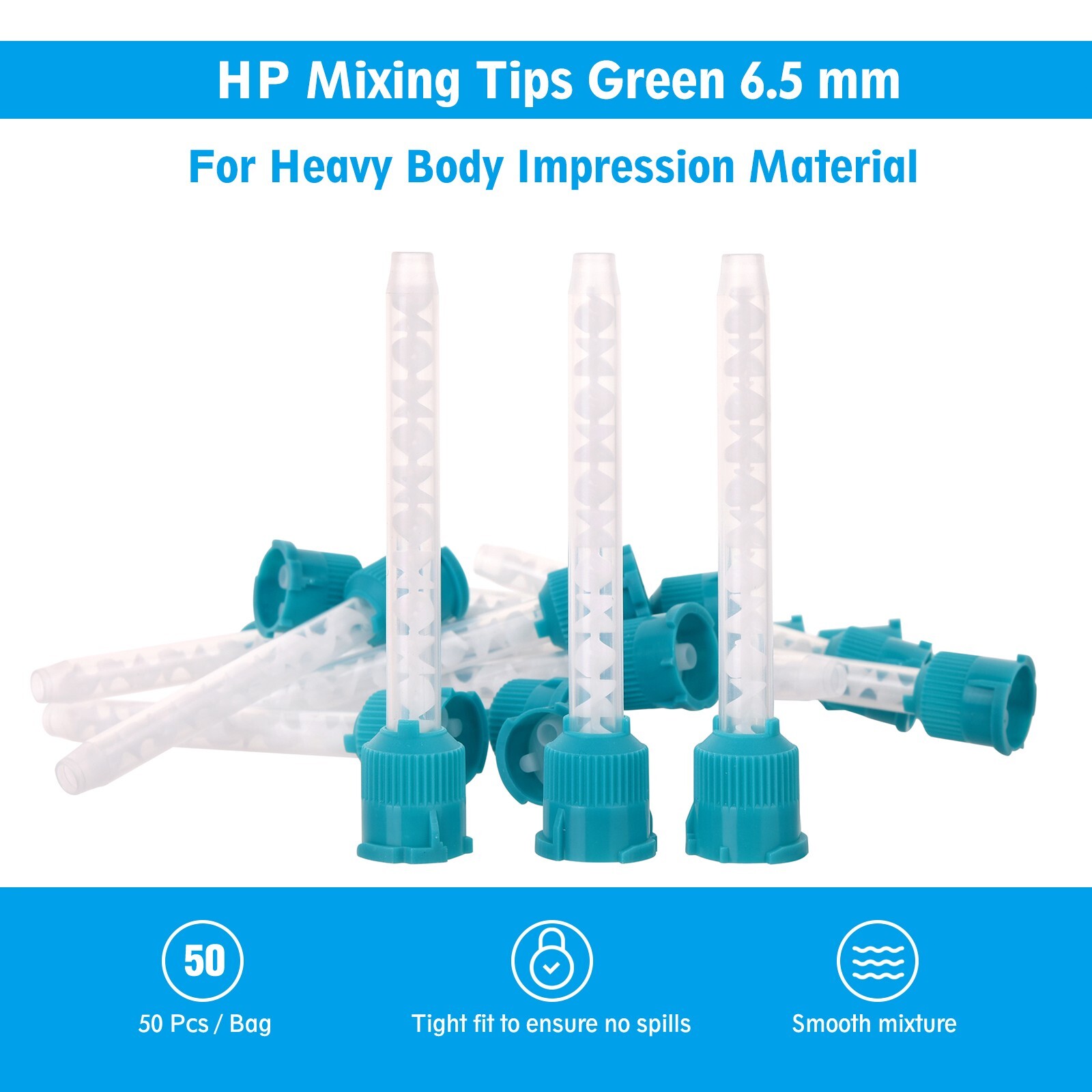 500(10 Bags) Dental Mixing Tips Impression HP Tips Teal 6.5mm(1:1)
