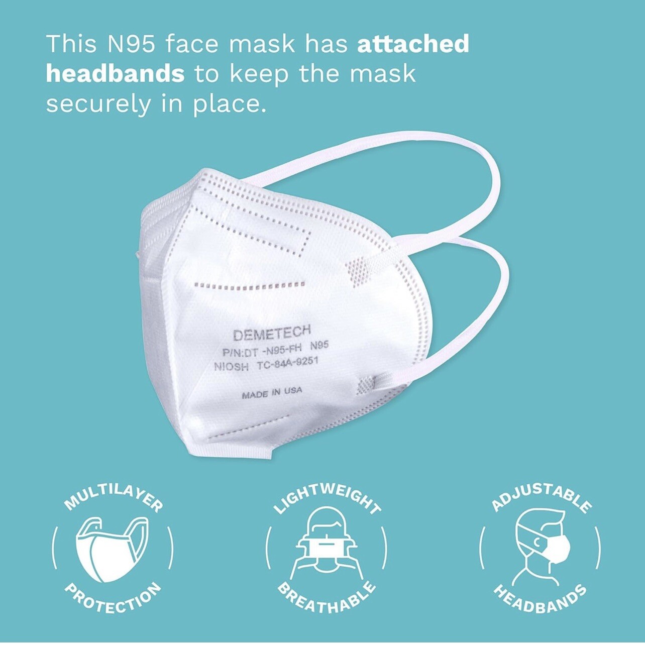 DEMETECH N95 Respirator Face Mask, NIOSH Approved, Made in the USA, Medium