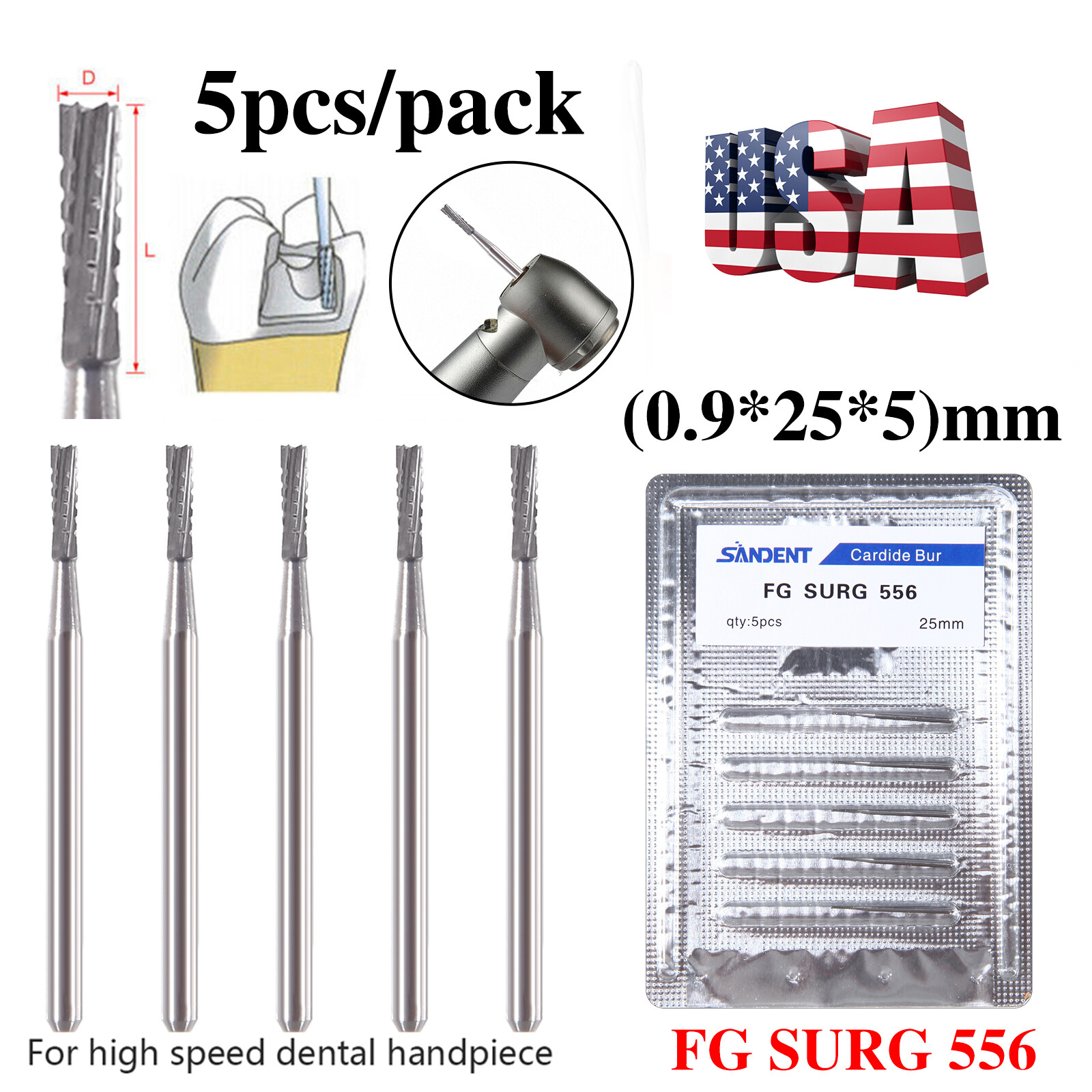 Dental Surgical Length Bur Tungsten Carbide 25mm FG SURG 556 straight fissure DL