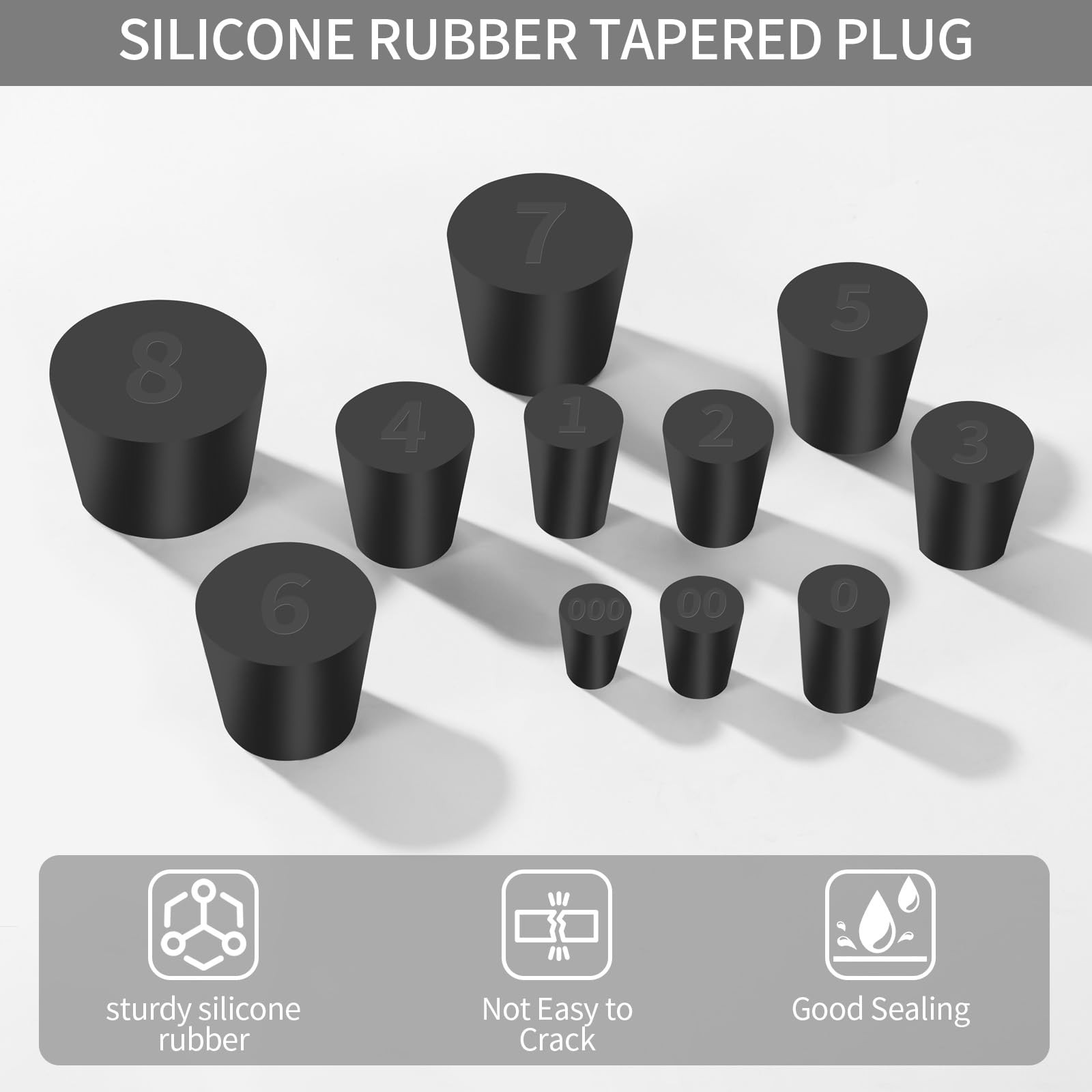 26 Pack Solid Rubber Stoppers – 11 Assorted Sizes Stopper Plugs, 000# – Black