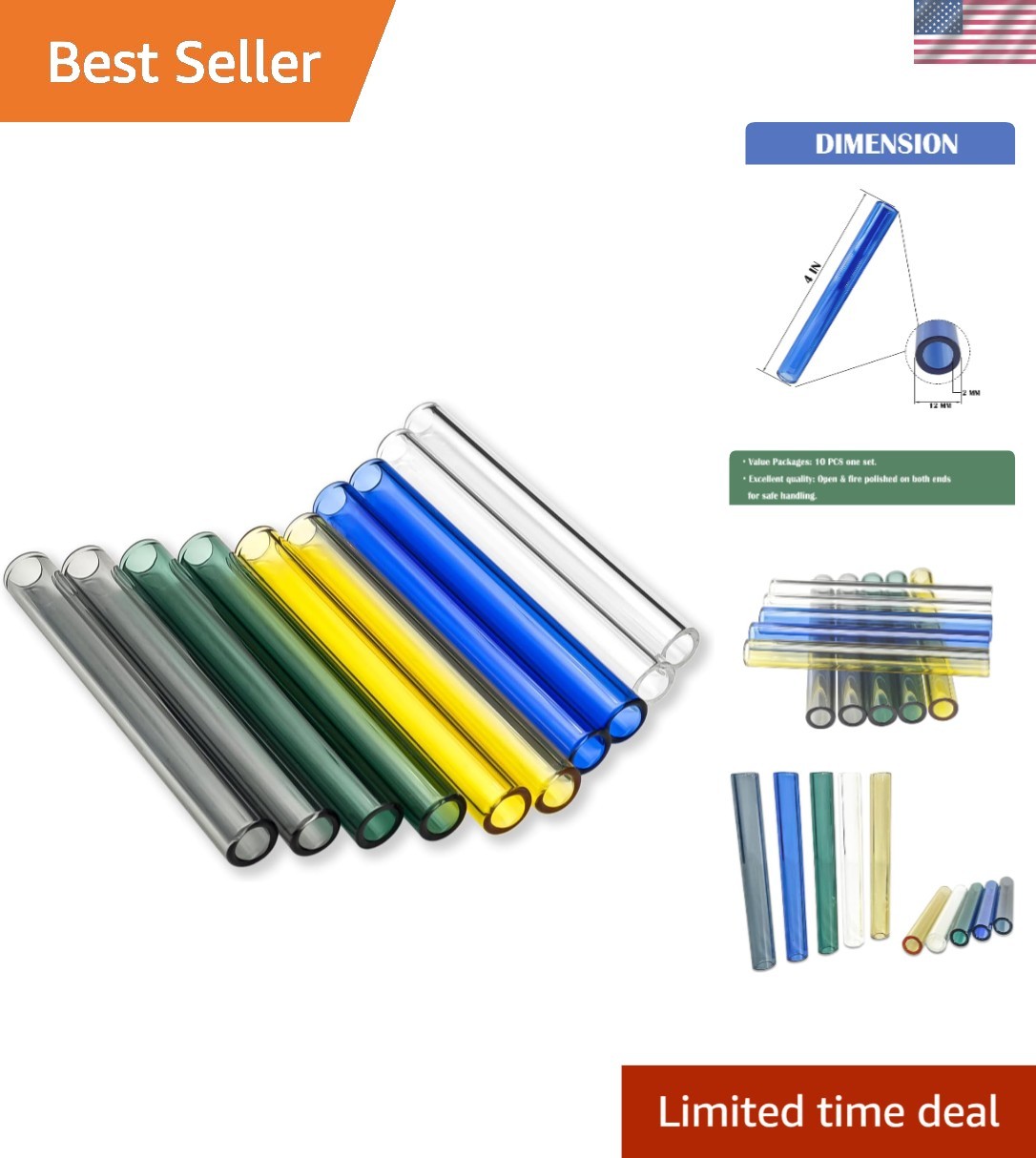 Durable 10-Piece Multi-Colored Glass Tubing – 4″ Borosilicate for All Purposes