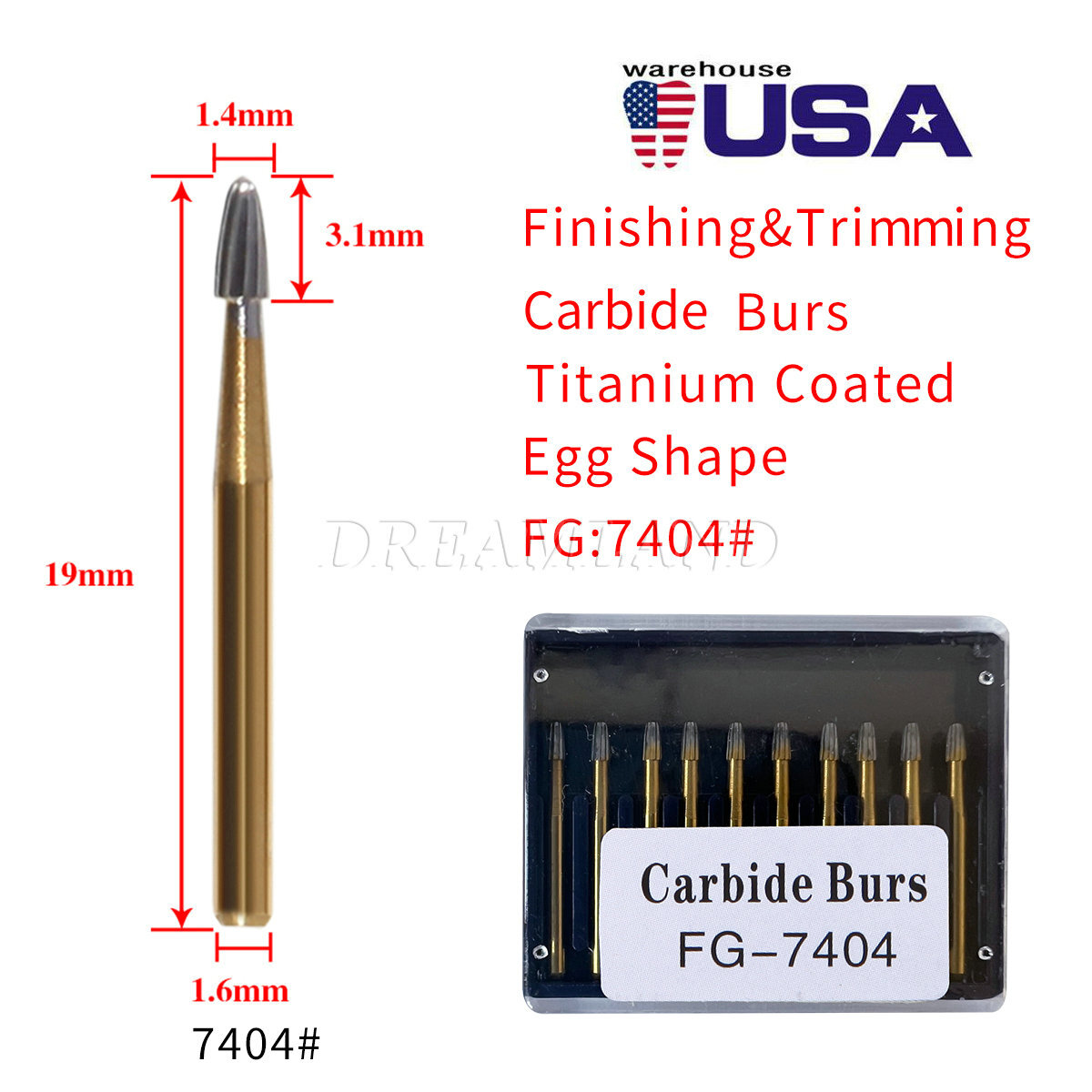 10 Pcs FG 7404 Dental Trimming & Finishing Carbide Burs For High Speed Handpiece