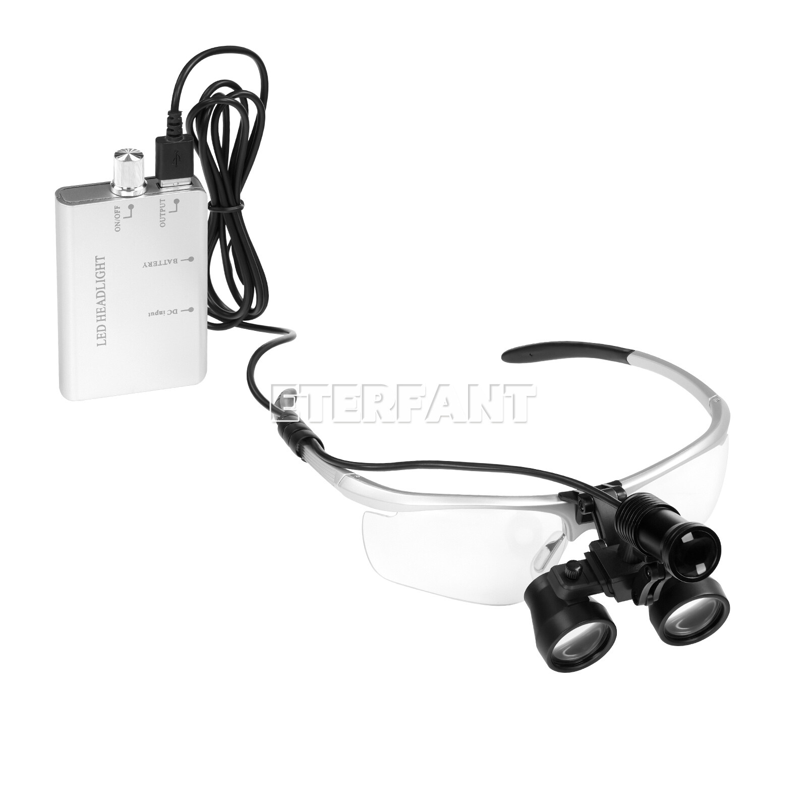 ETERFANT 3.5X Dental HD Binocular Magnifier Loupes Silver+5W LED Head Light Lamp