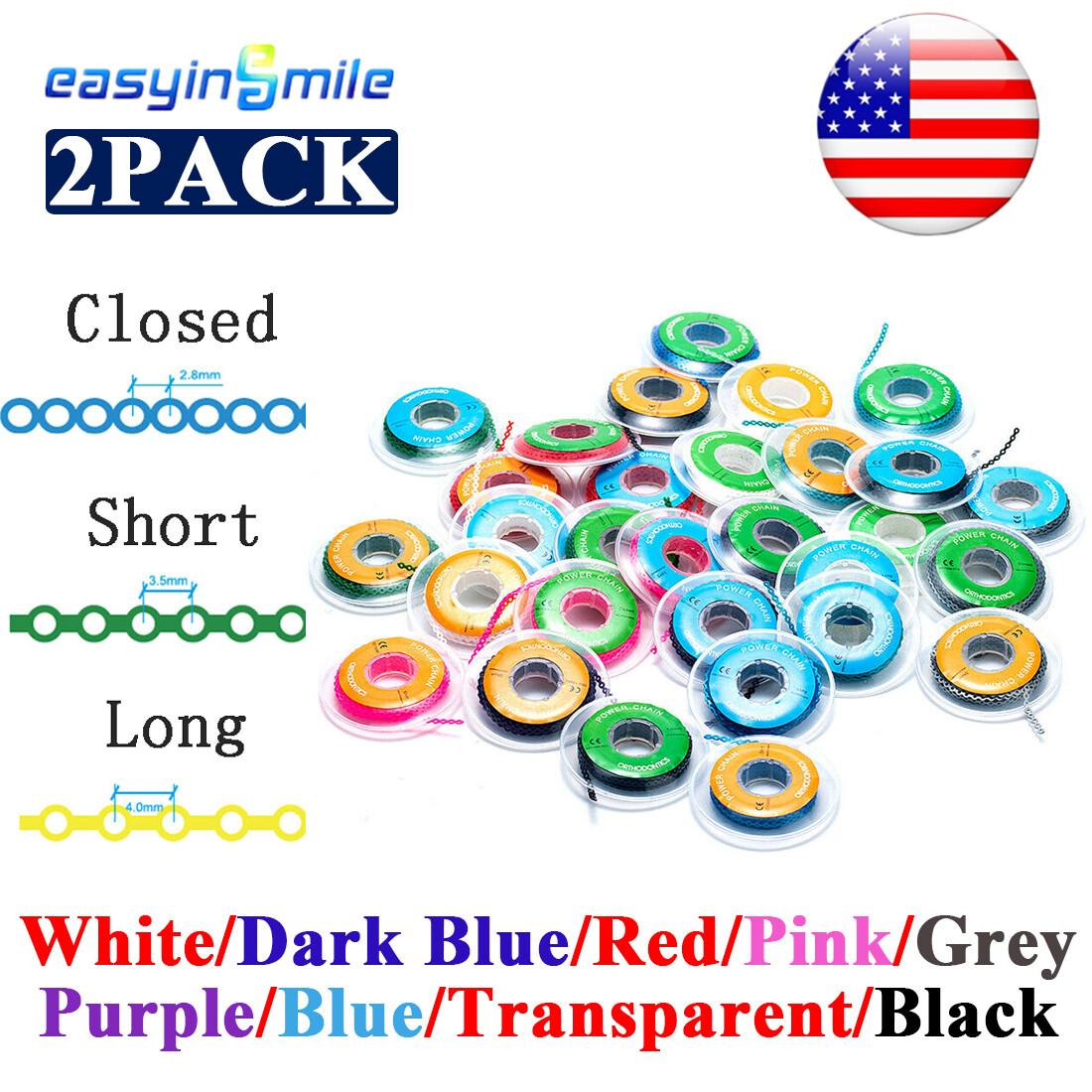 2Pack Dental Power Chain Ortho Super Elastic Brace Band Short Long Closed 15Feet