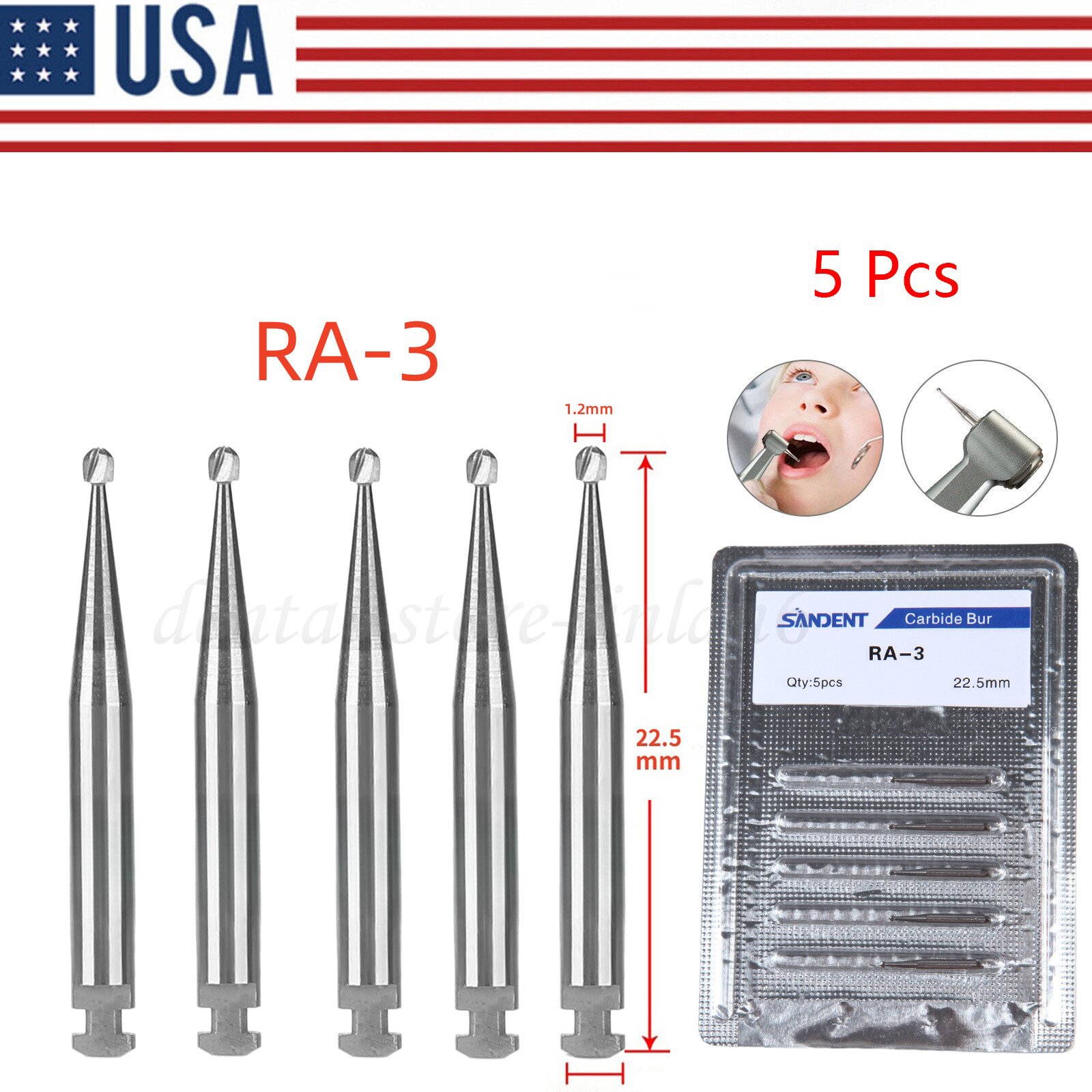 5 Pcs/Pack Dental 22.5mm Round Carbide Bur Slow Speed Latch Type RA3 Burs USA