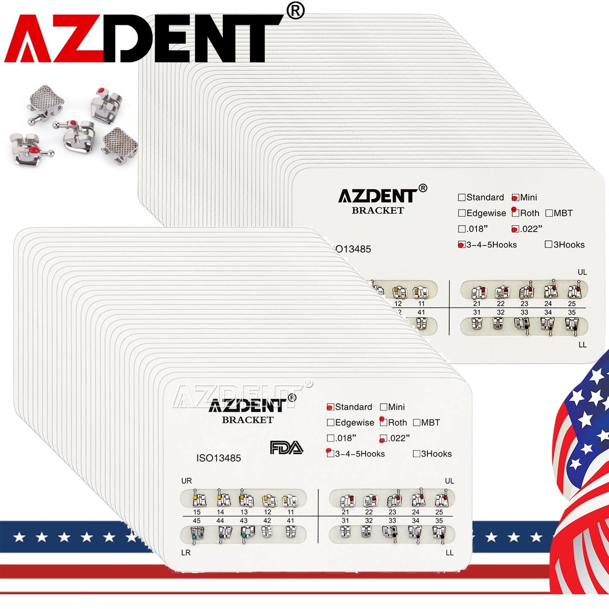 10X AZ Dental Ortho Brackets Braces Mini/Standard Roth/MBT .022 Hooks 345 Metal