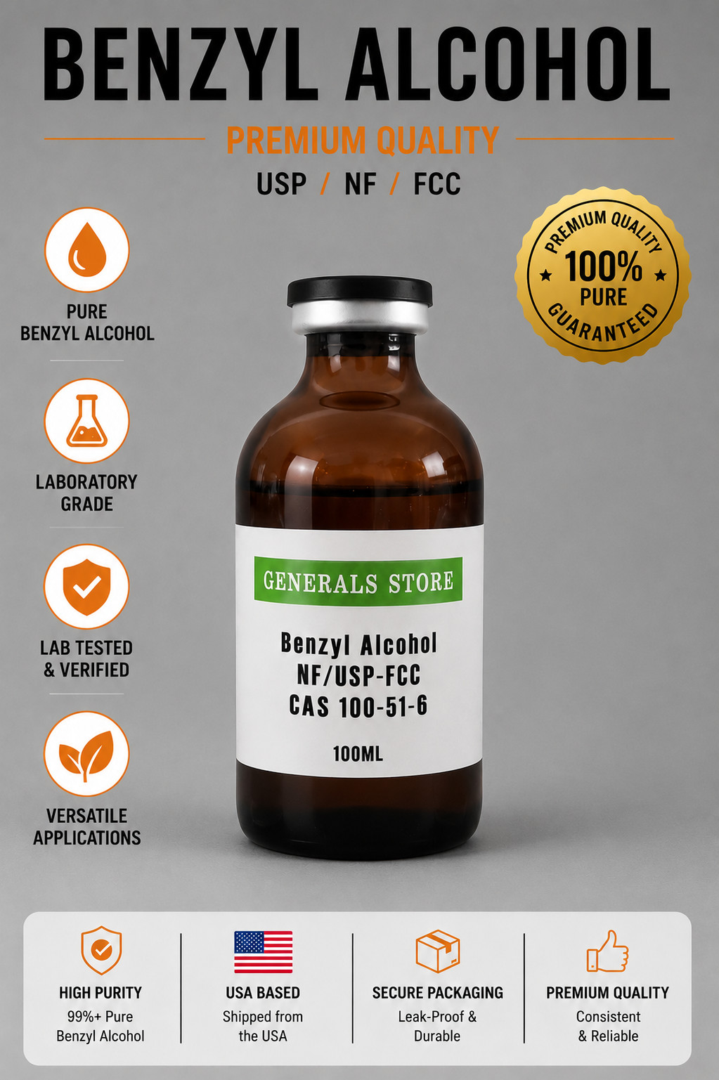 2x 100mL Benzyl Alcohol USP/NF FCC High Purity Lab Grade – 2nd Day Air