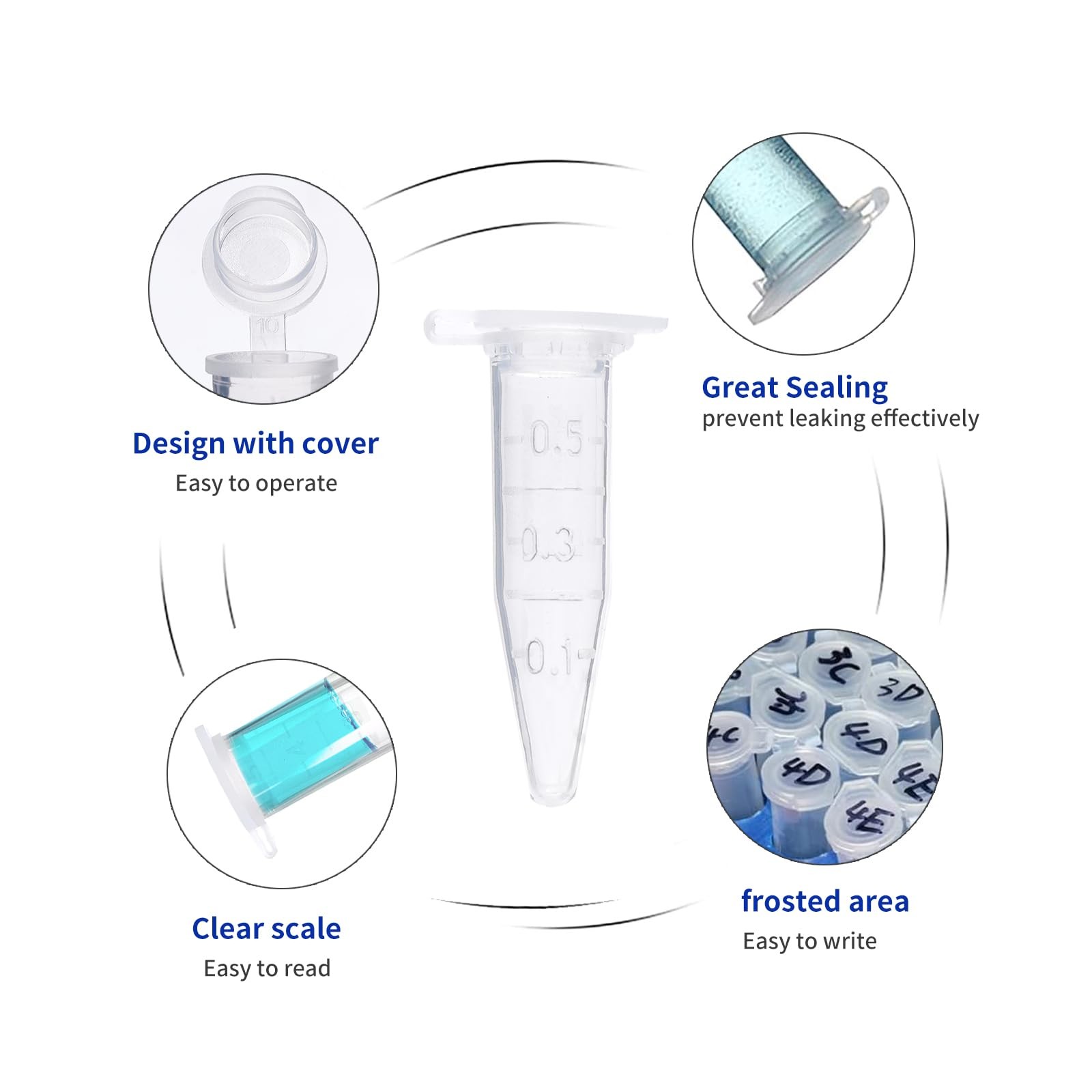 1000 PCS 0.5ml Microcentrifuge Tubes Clear Graduated Plastic Lab Snap Vials