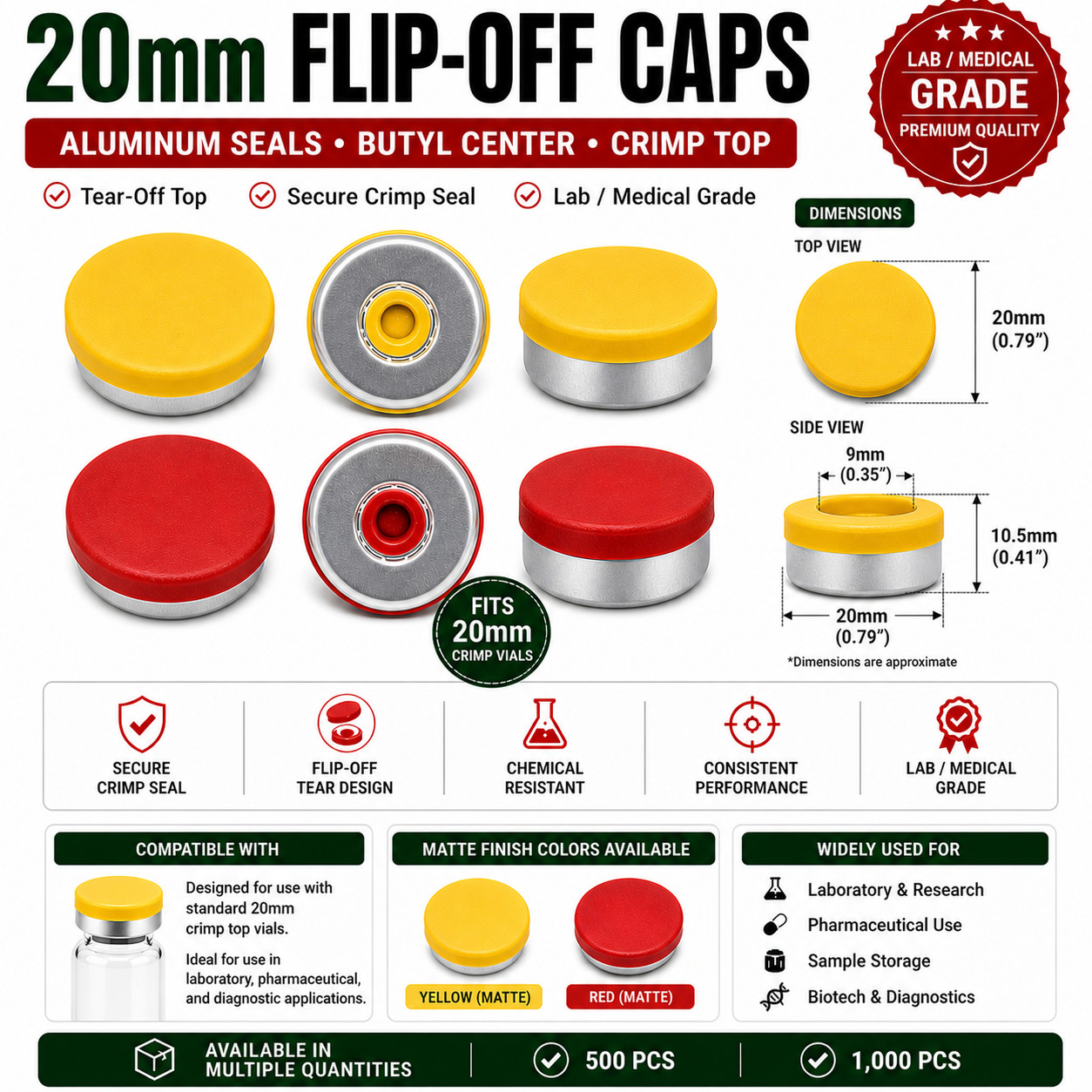 5ml Glass Vials 20mm Crimp Top w/ Rubber Plugs & Flip Off Caps Serum Lab Vials