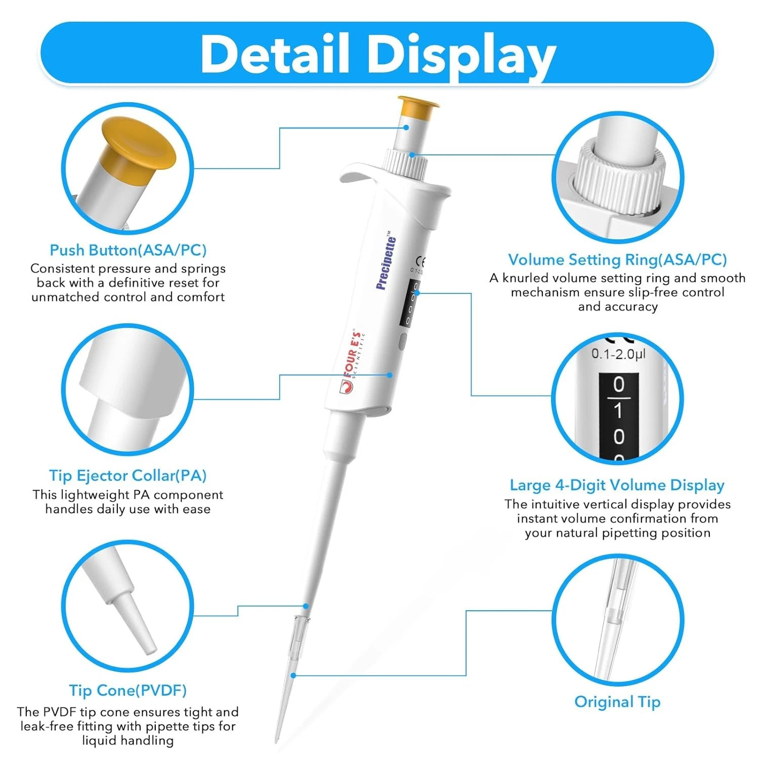 0.1-1000μL Single-Channel Micropipette with Color-Coded Top, 9 Specifications