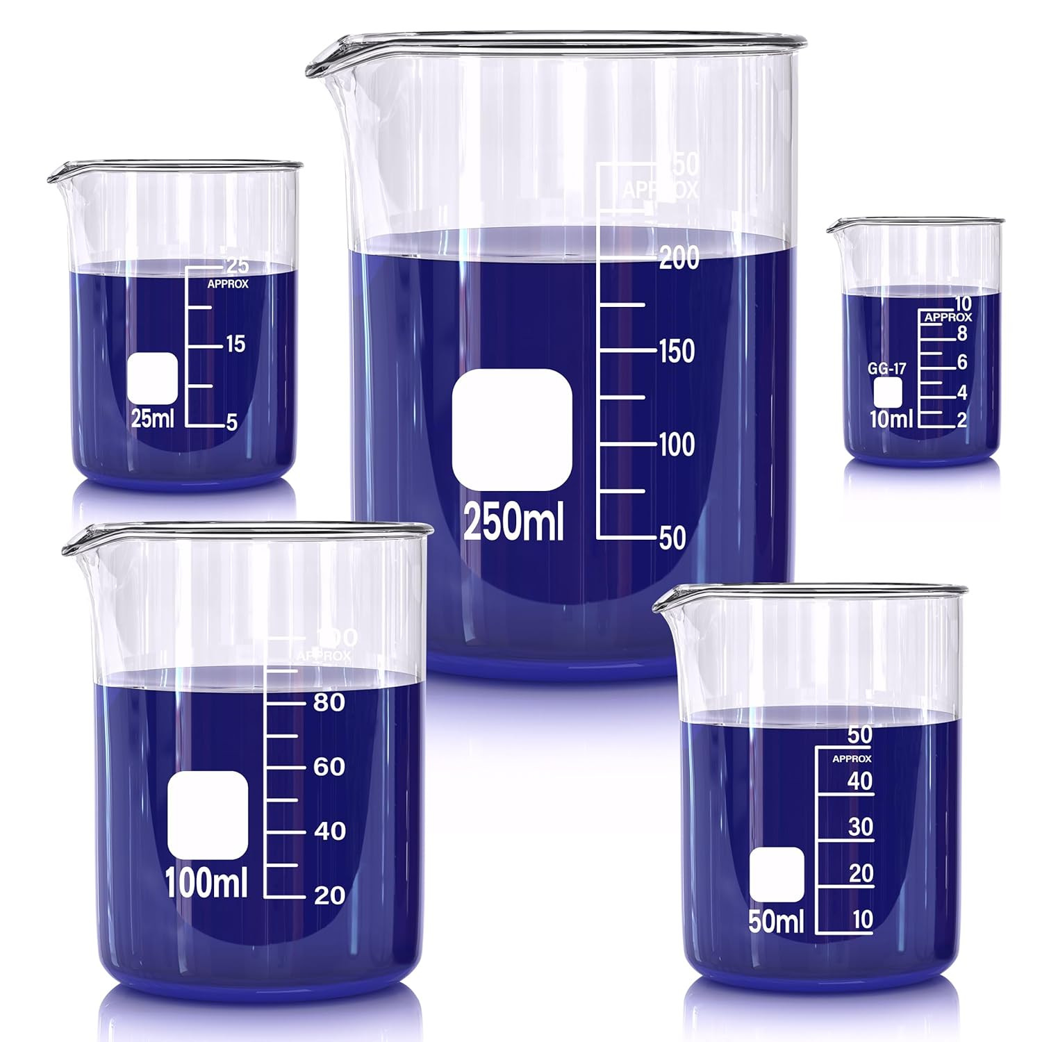 Glass Beakers Set, 5 Sizes – 10Ml, 25Ml, 50Ml, 100Ml, 250Ml, 3.3 Borosilicate Be