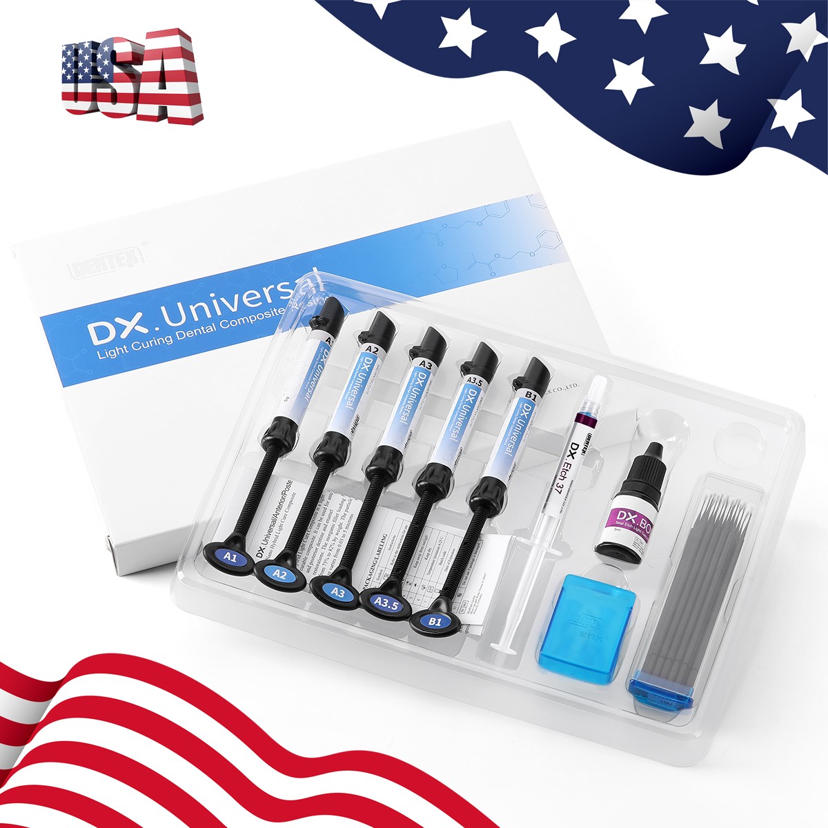 Dental Light Cure omposite Kit 5 Colors A1-A3.5 with Ethant & Bonding Agent