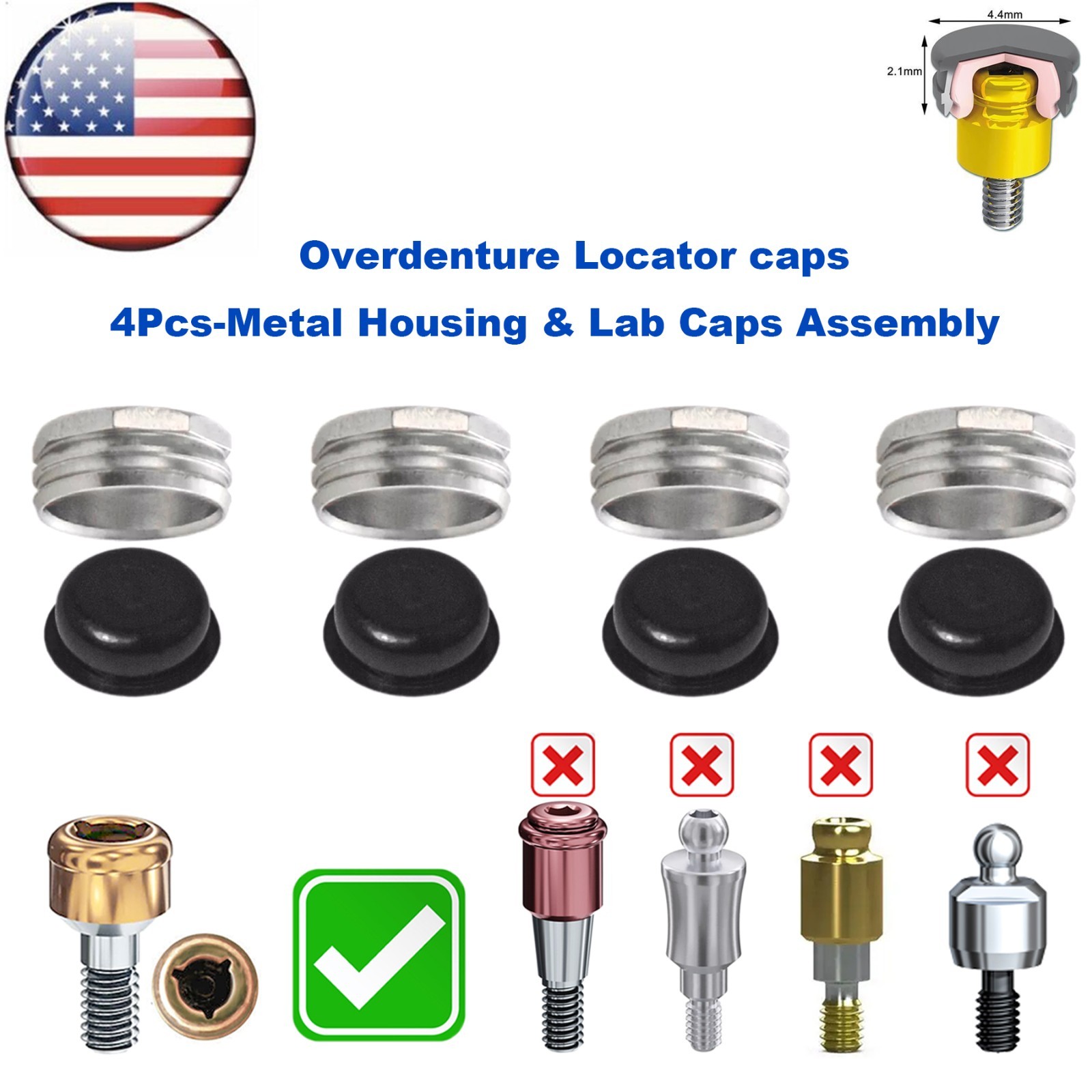 US Dental Overdenture Locator Core Tool Retention Male Caps For Abutment Inserts