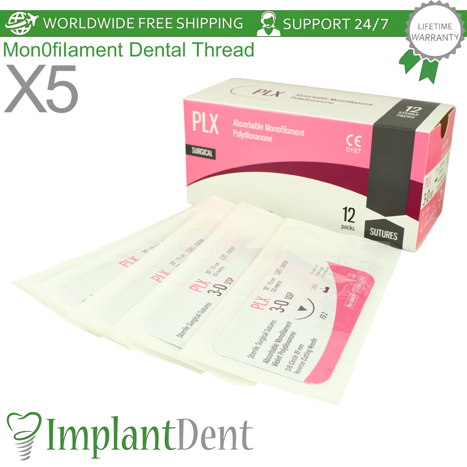 X5 Mon0fiIament Dental Thread SteriIe 75cm 12pcs 3/8 Circle 20.0mm Reverse