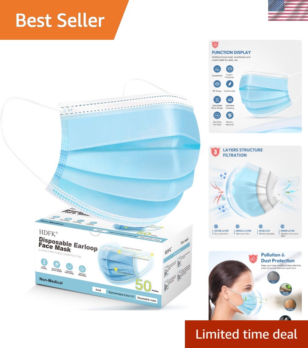 Disposable Adults 3Ply Non-Woven with Nose Clip Ear Loop Blue 50Pack