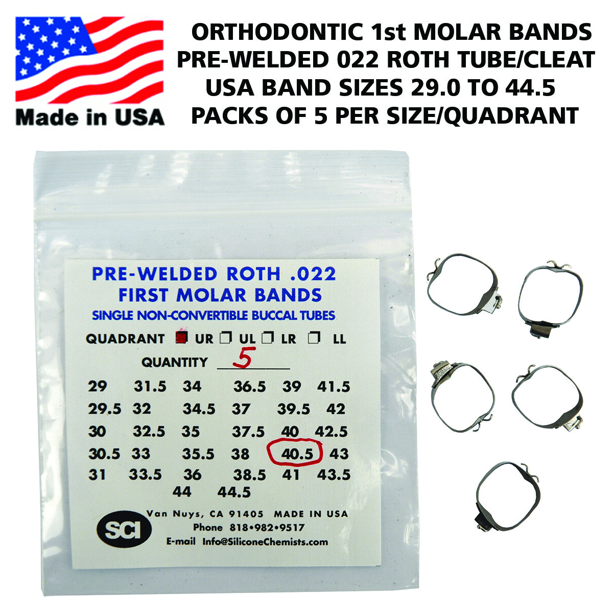 Orthodontic Pre-Welded 1st Molar Bands USA Sizes Roth .022 Tube/ Cleat Pack of 5