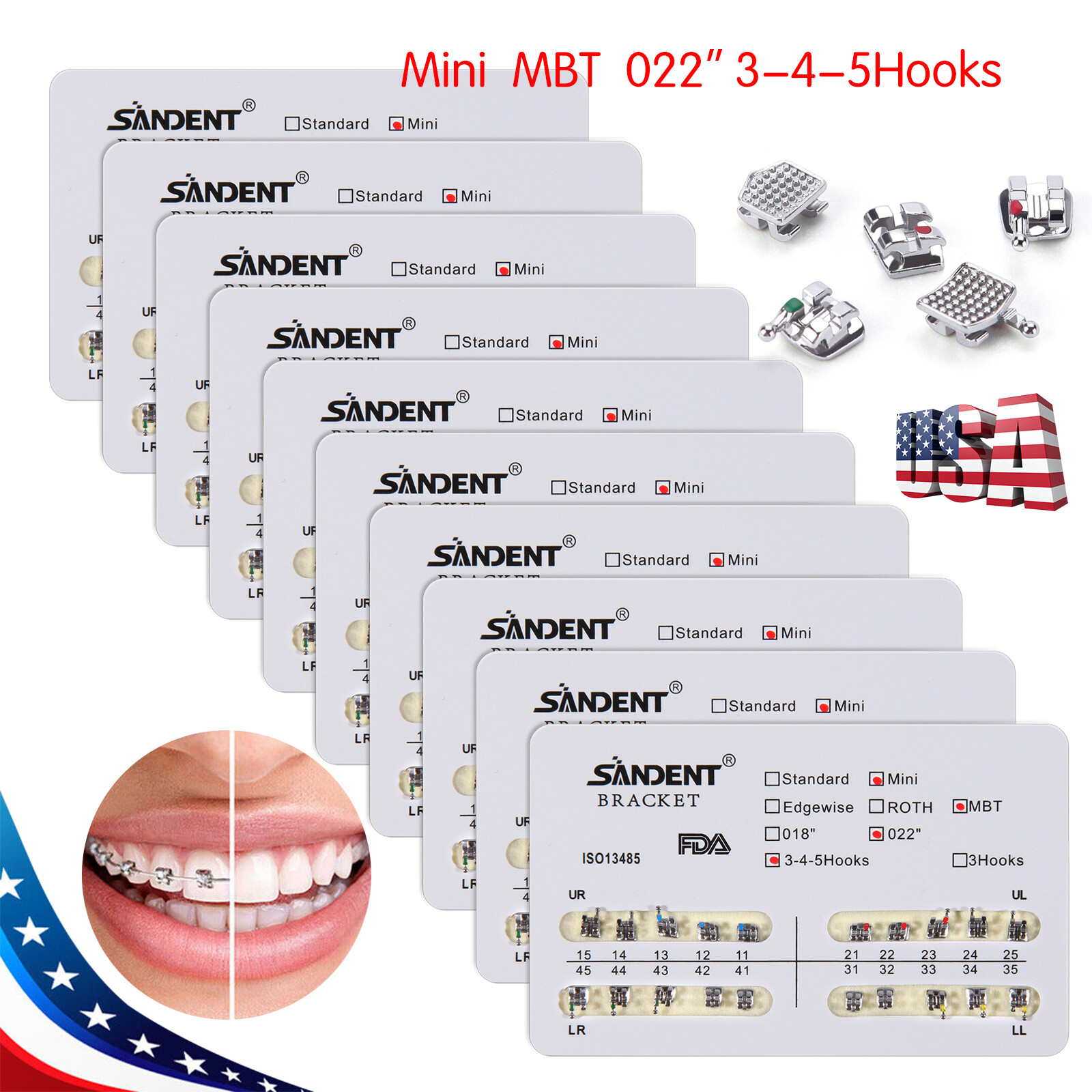 10X Dental Orthodontic Metal Brackets Braces Mini MBT Slot.022 345 Hooks ARCH