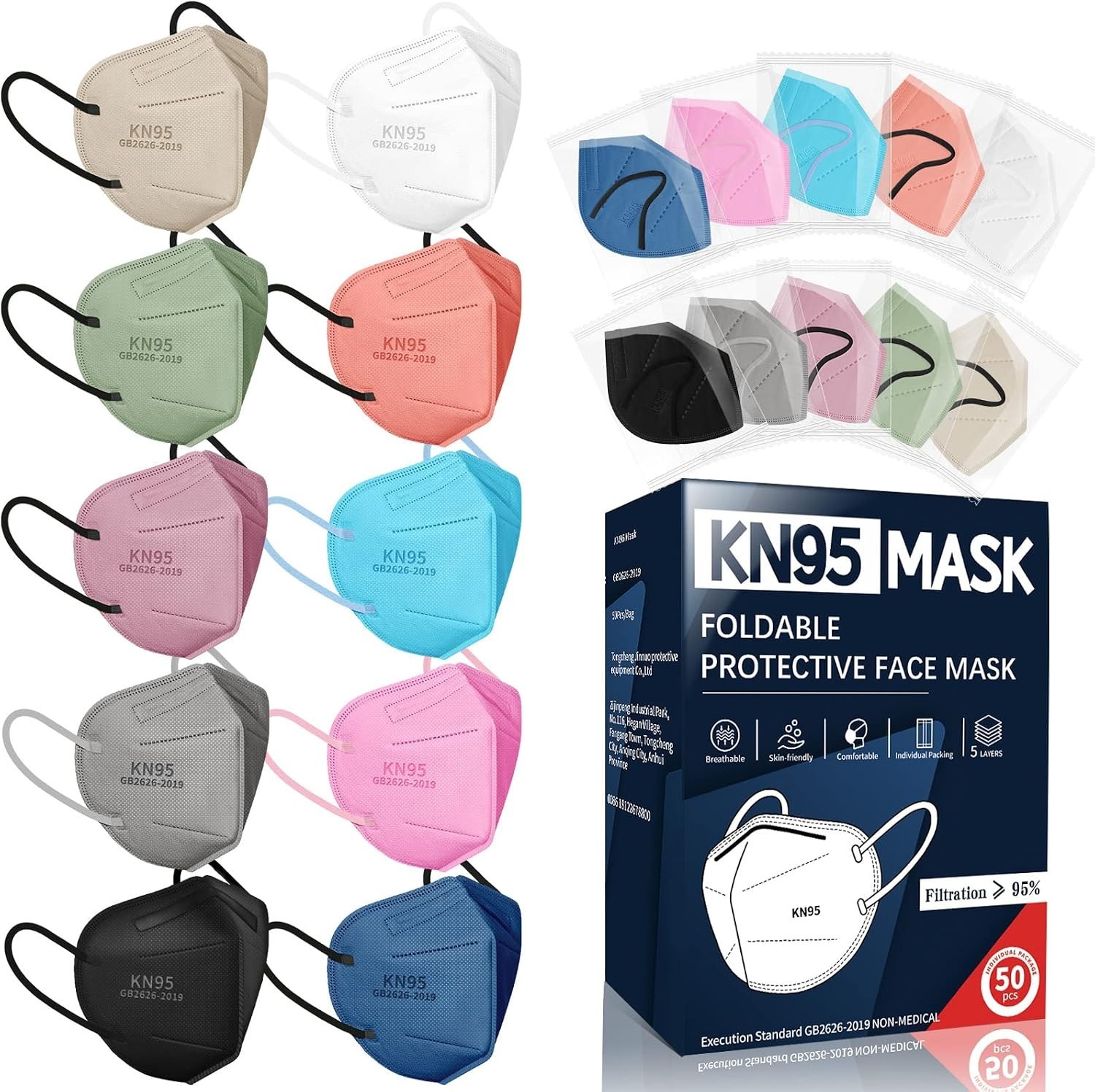 Disposable KN95 Face Masks, 50 Pack, 10 Colors, Individually Wrapped