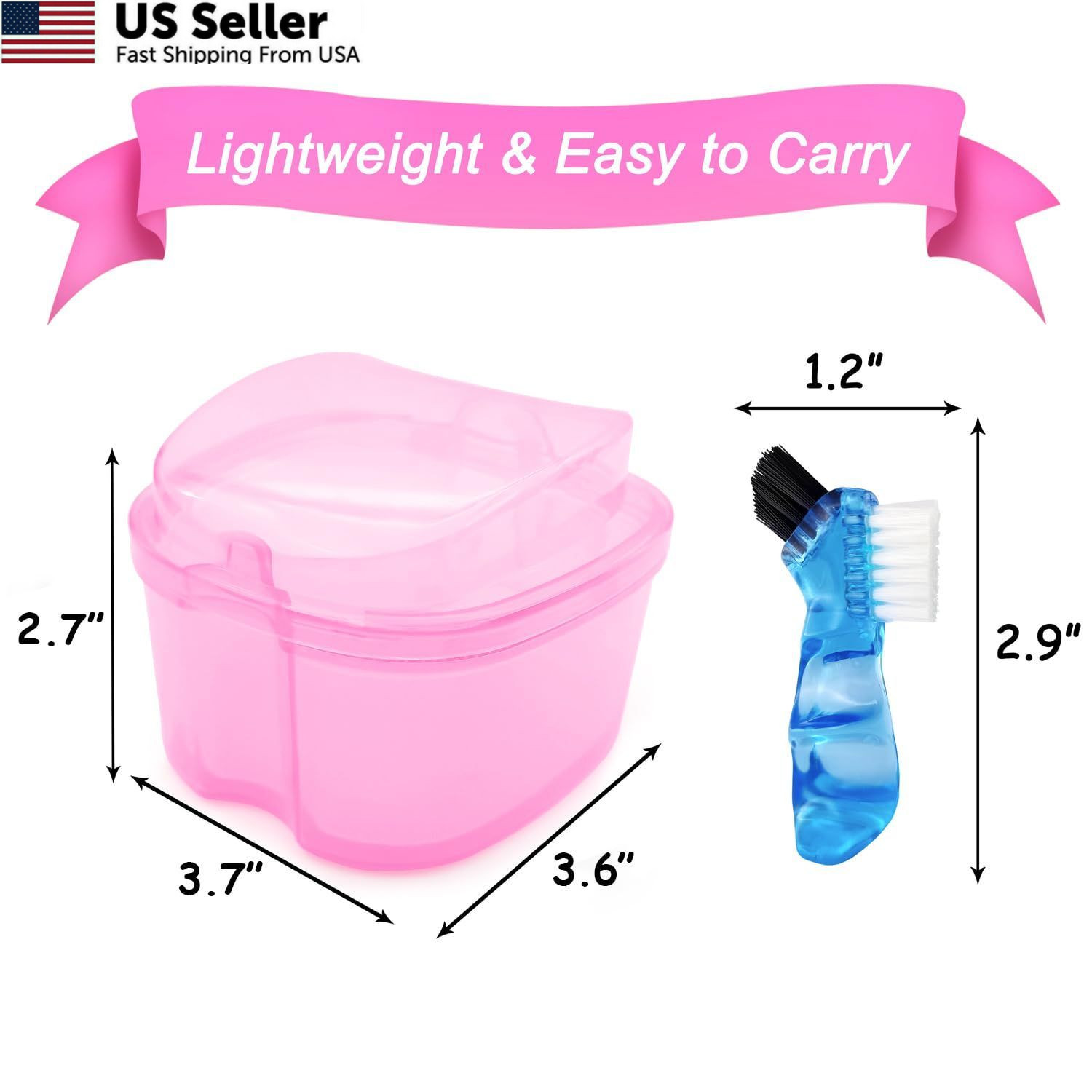 Denture Bath Case Soaking Cup with Brush, Holder Light Pink
