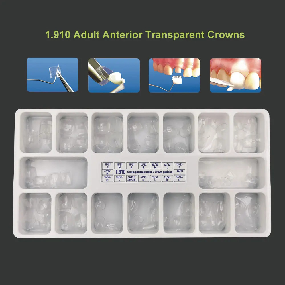 64Pcs Anterior Transparent Crowns Dental Pre-Crowned Temporary Adult Braces Kit
