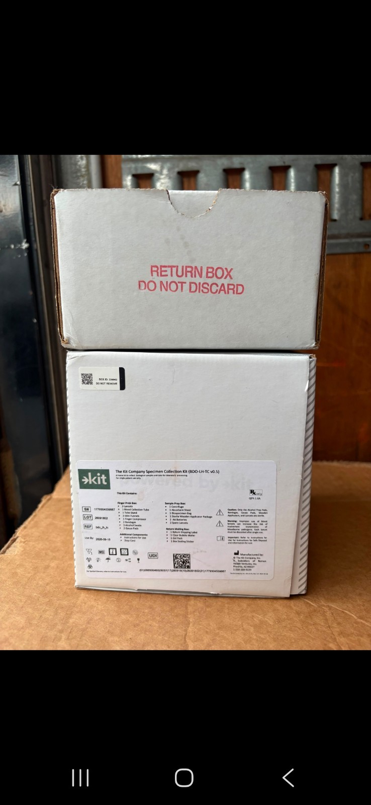 specimen collection kit designed for home use to collect biological samples for
