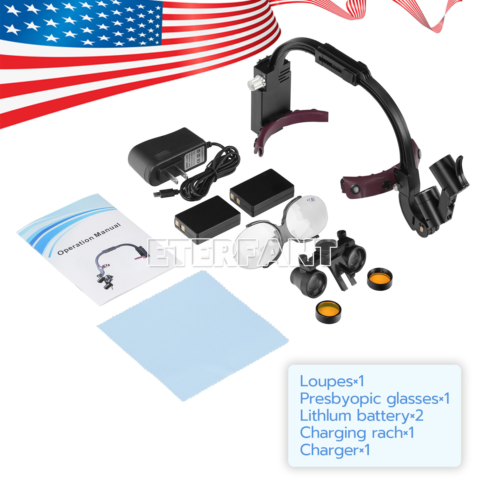 ETERFANT 3.5X Dental Surgical Headband Binocular Loupe w/5W LED Head Light 2 Led