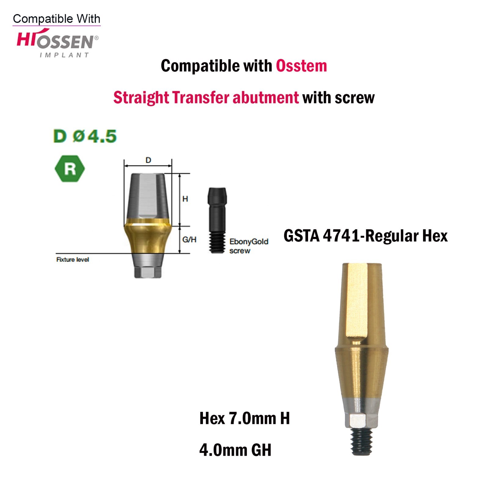 US Dental Straight Transfer Abutment Hex Regular Ø4.5For Osstem Hiossen TS 1-5mm